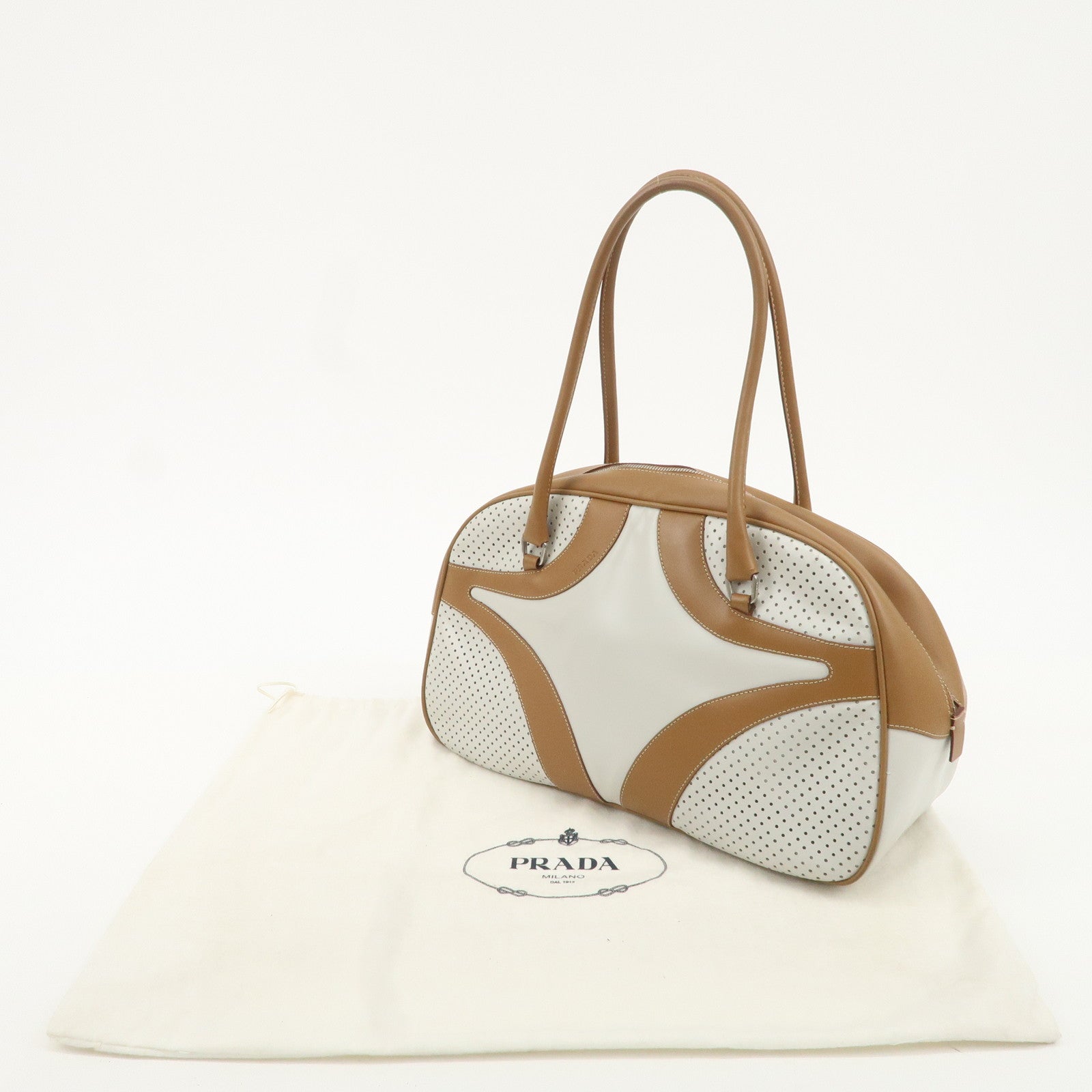 PRADA Leather Bowling Bag Punching Shoulder Bag Ivory Brown