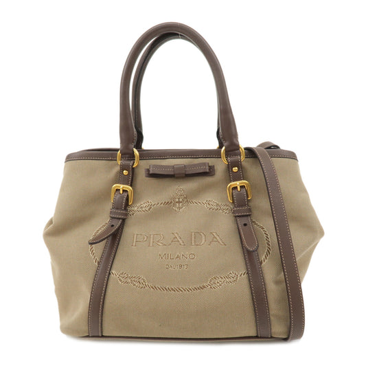 PRADA-Logo-Jacquard-Leather-2Way-Hand-Bag-Beige-Brown-BN1841