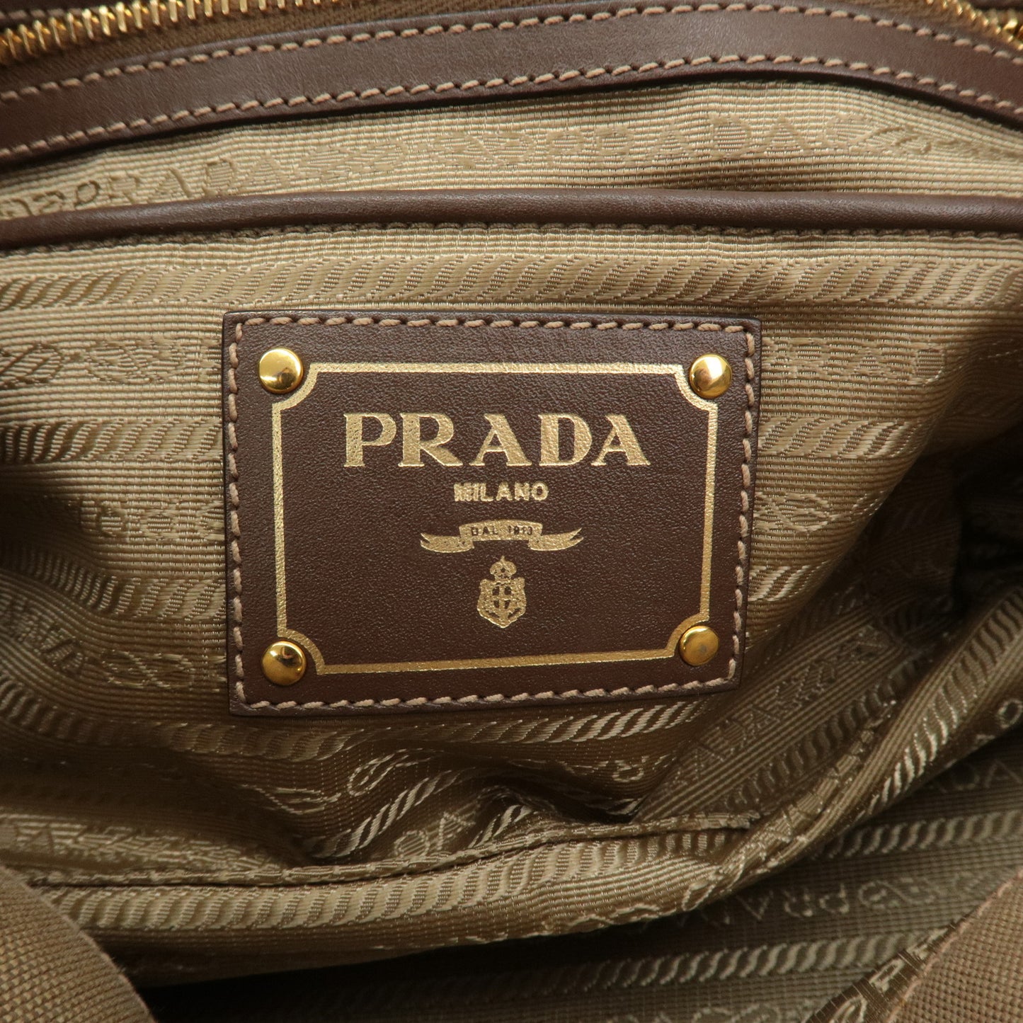 PRADA Logo Jacquard Leather 2Way Hand Bag Beige Brown BN1841