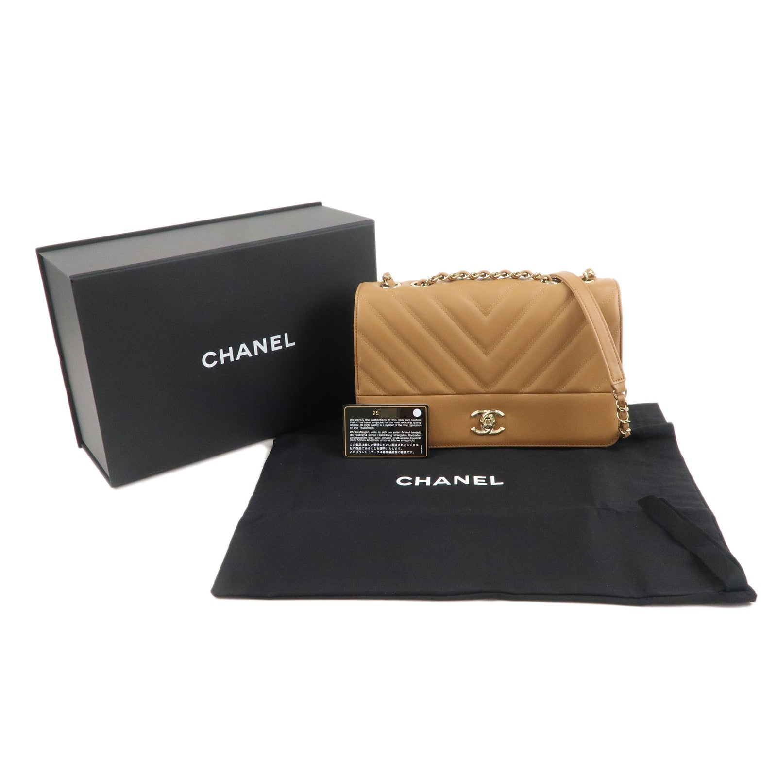 CHANEL Chevron Lamb Skin COCO Mark Chain Shoulder Bag Beige