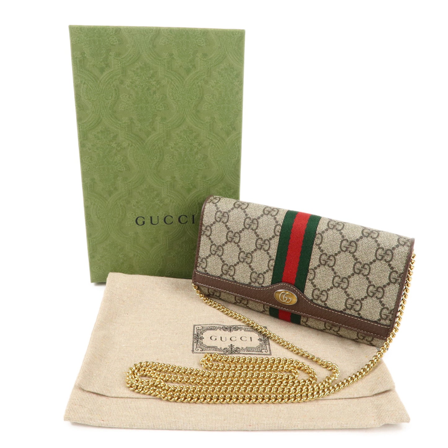 GUCCI Ophidia GG Supreme Leather Chain Wallet Beige Brown 546592
