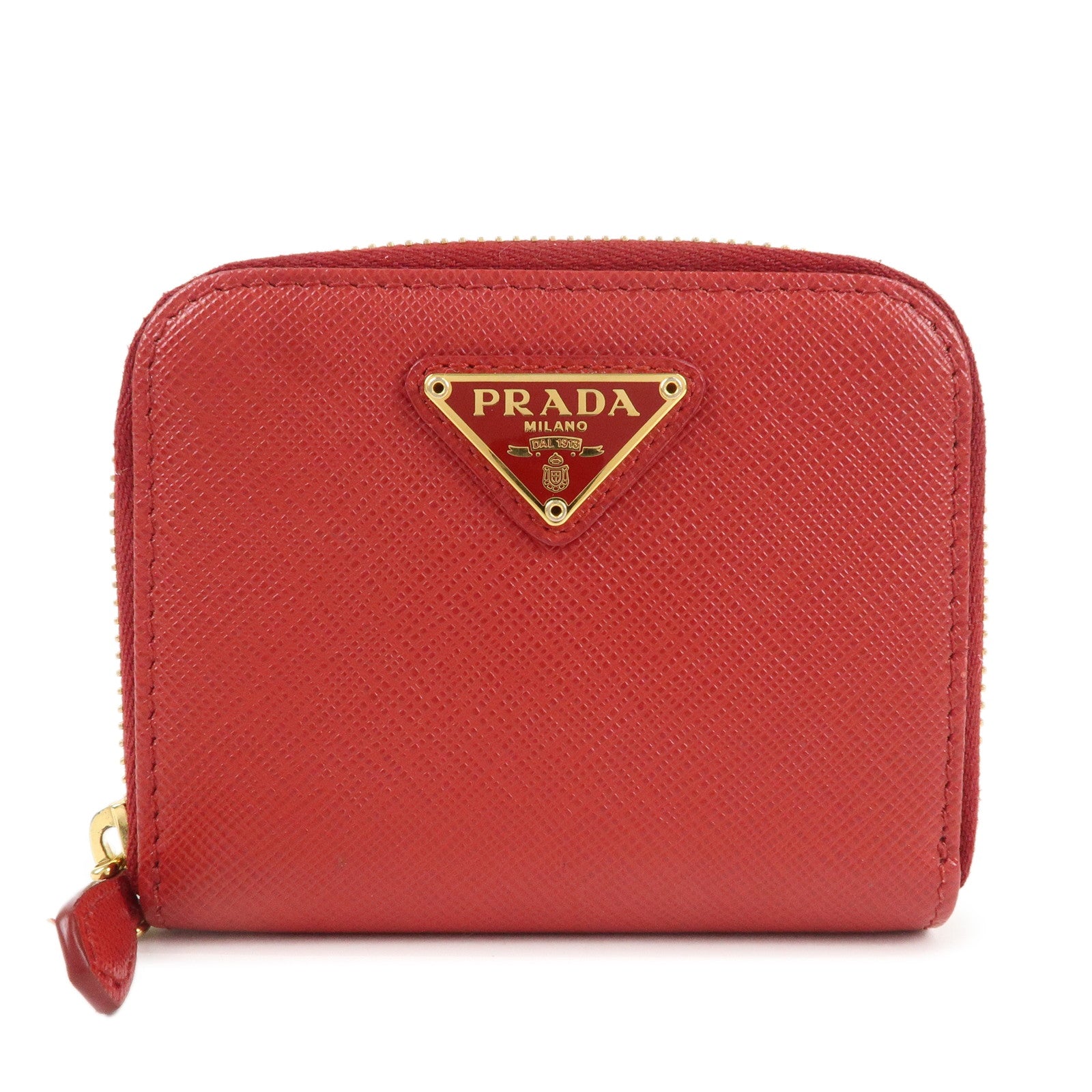 PRADA-Saffiano-Leather-Round-Zipper-Coin-Case-Red