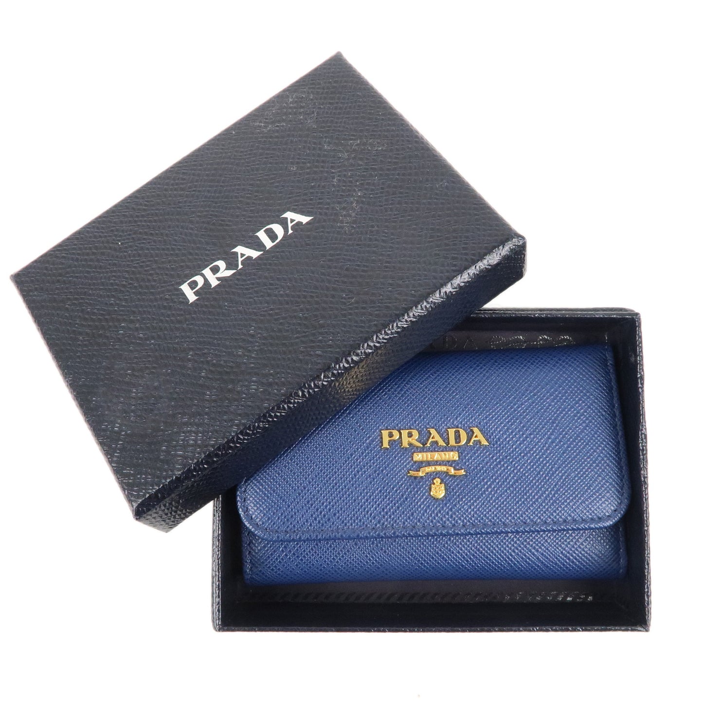 PRADA Logo Saffiano Leather 4 Key Case Key Holder Navy