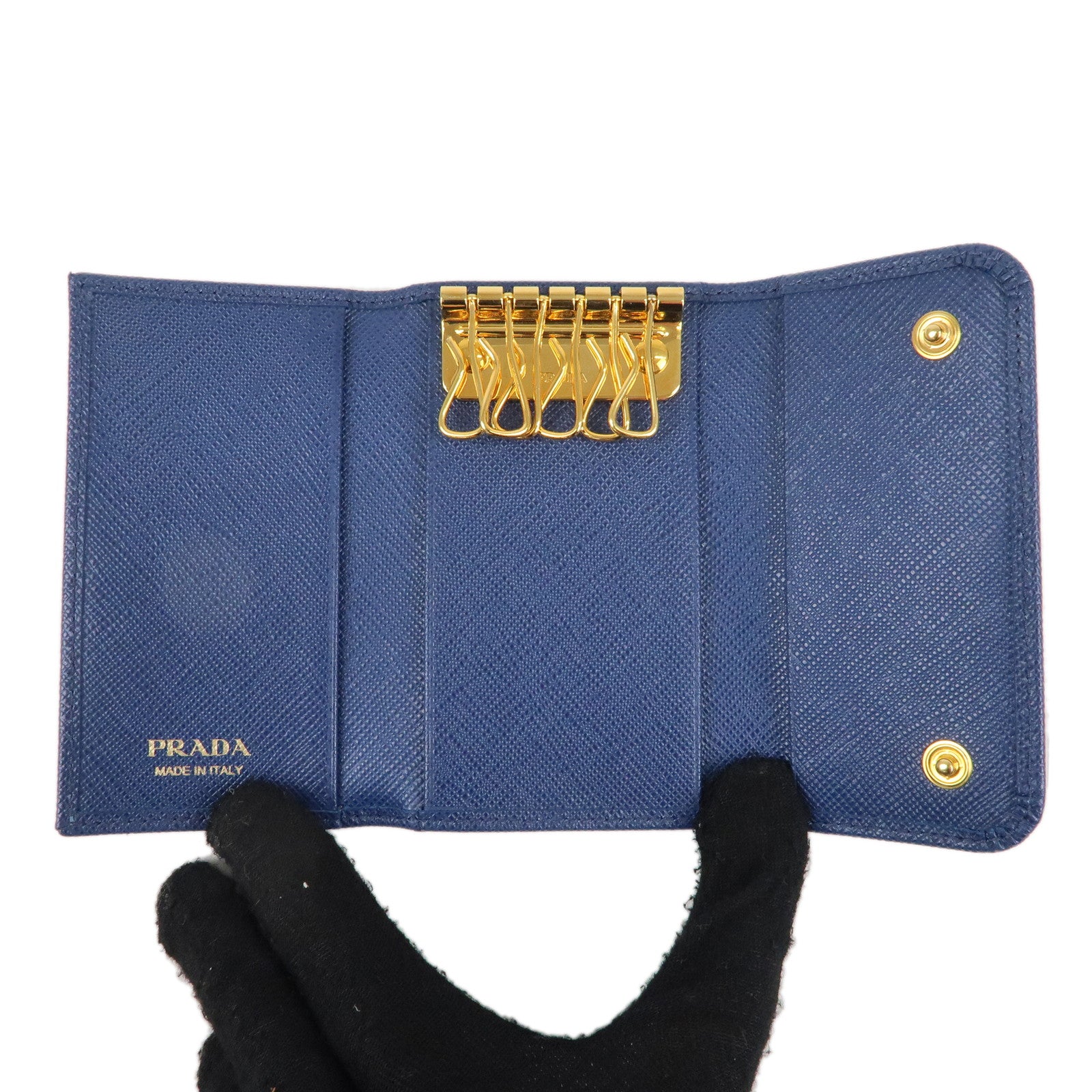 PRADA Logo Saffiano Leather 4 Key Case Key Holder Navy