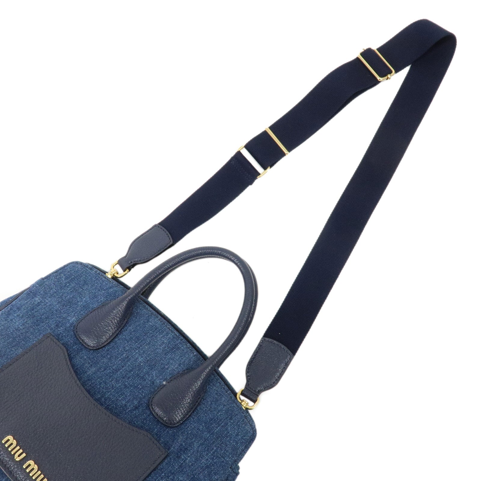 MIU MIU Denim Leather 2 Way Hand Bag Shoulder Bag Blue 5BA130