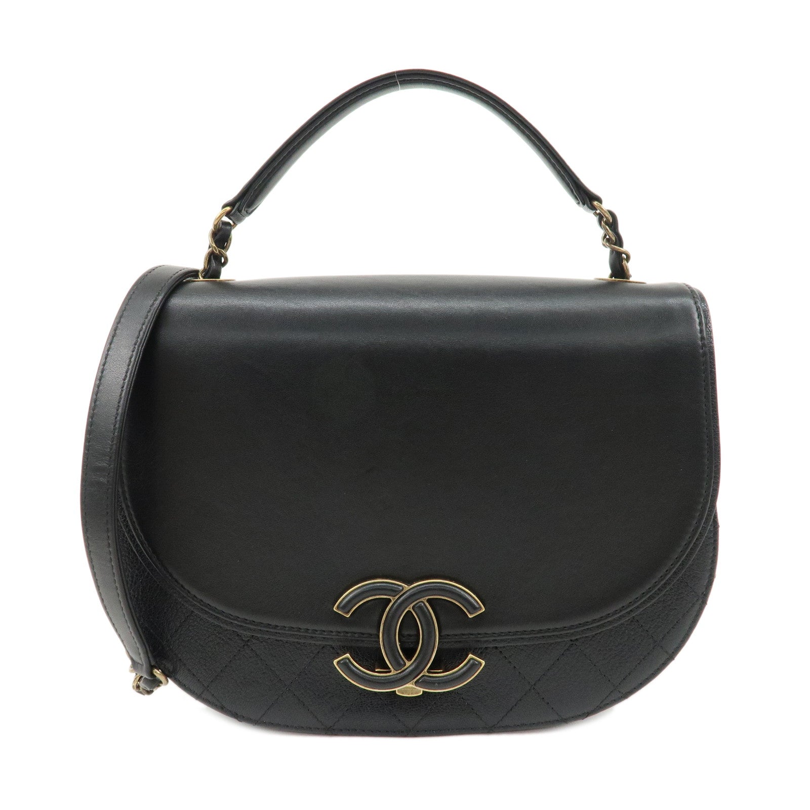 CHANEL-Matelasse-Lamb-Skin-2-Way-Bag-Hand-Bag-Shoulder-Bag-Black