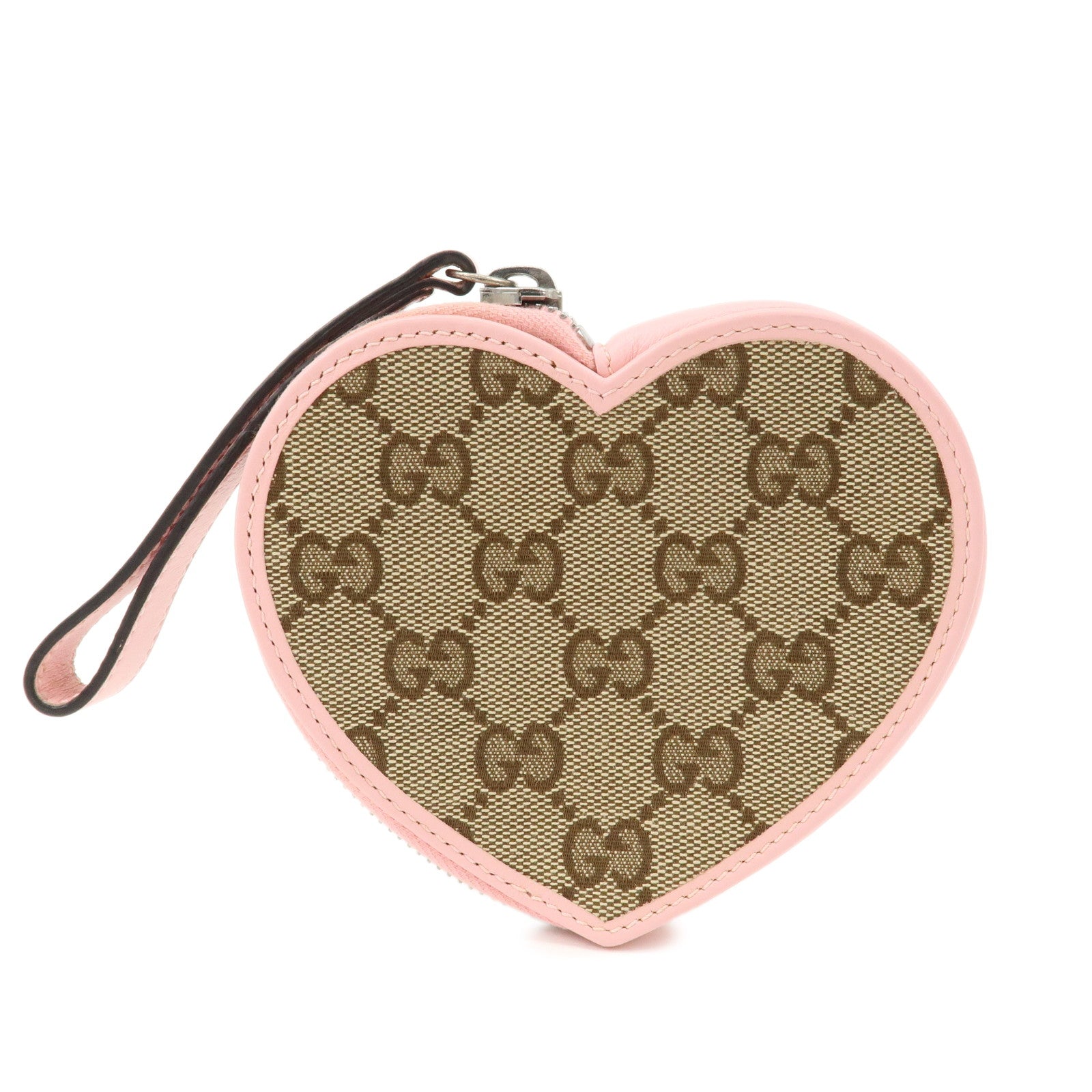 GUCCI Lovely Heart GG Canvas Leather Coin Case Beige Pink 297560