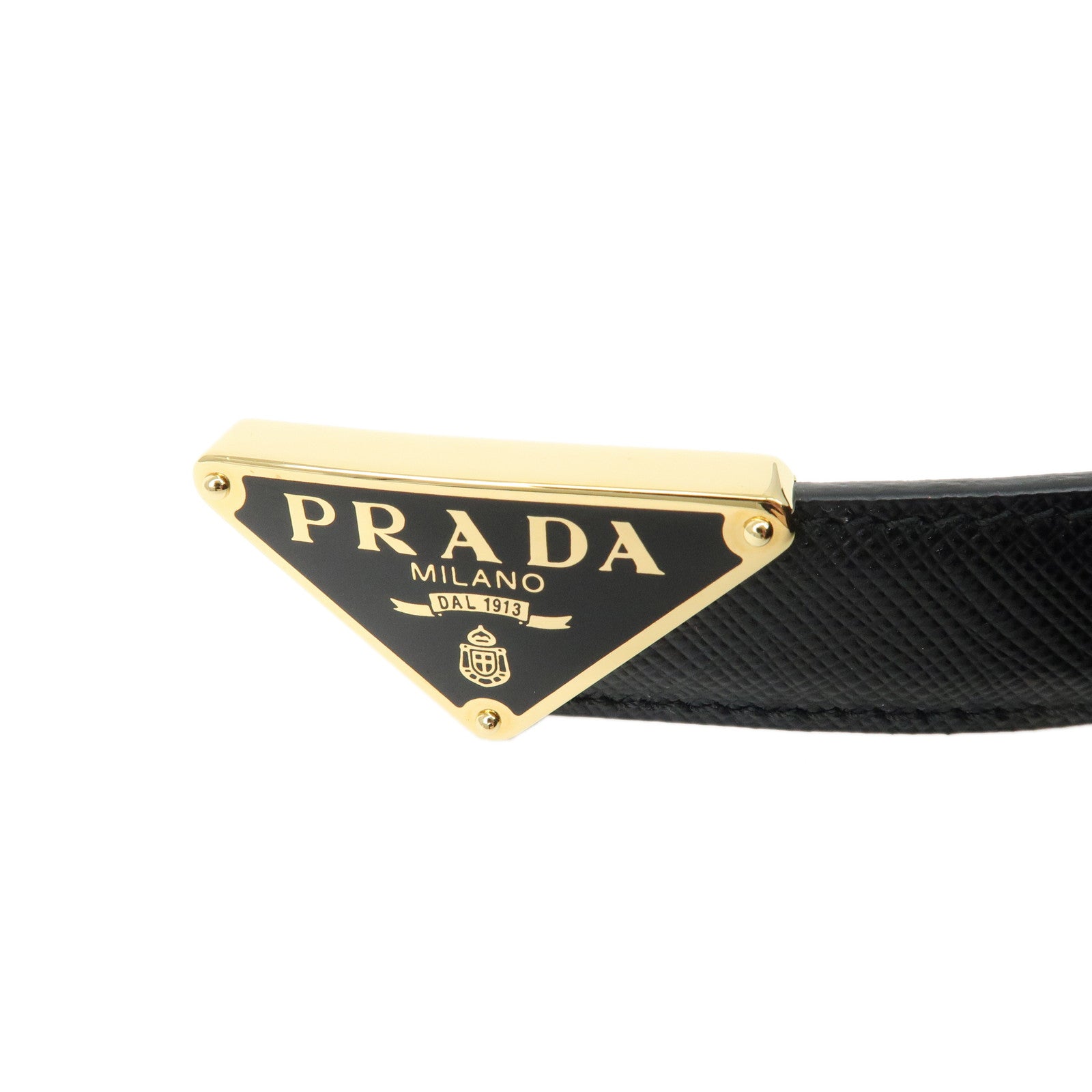 PRADA Saffiano Leather Logo Belt 75/30 Size 2 Black Gold 1CC370