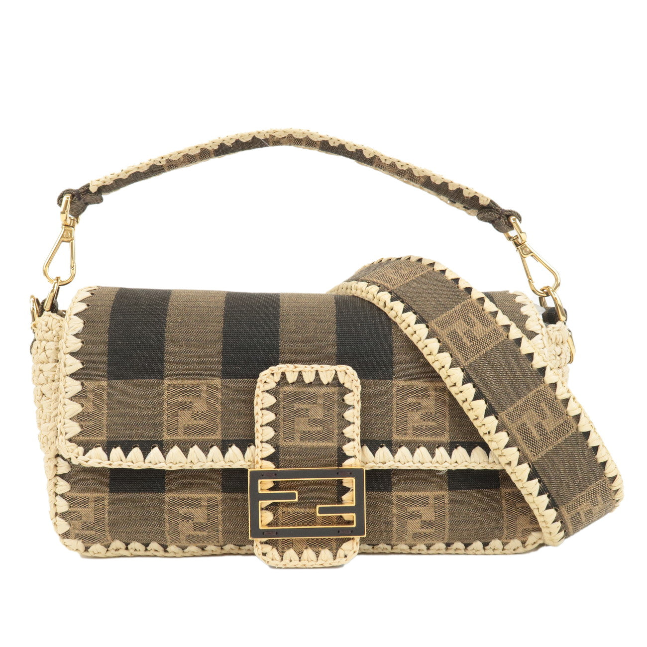 FENDI-Mamma-Baguette-Zucca-Pequin-Raffia-2Way-Bag-Hand-Bag-8BR600