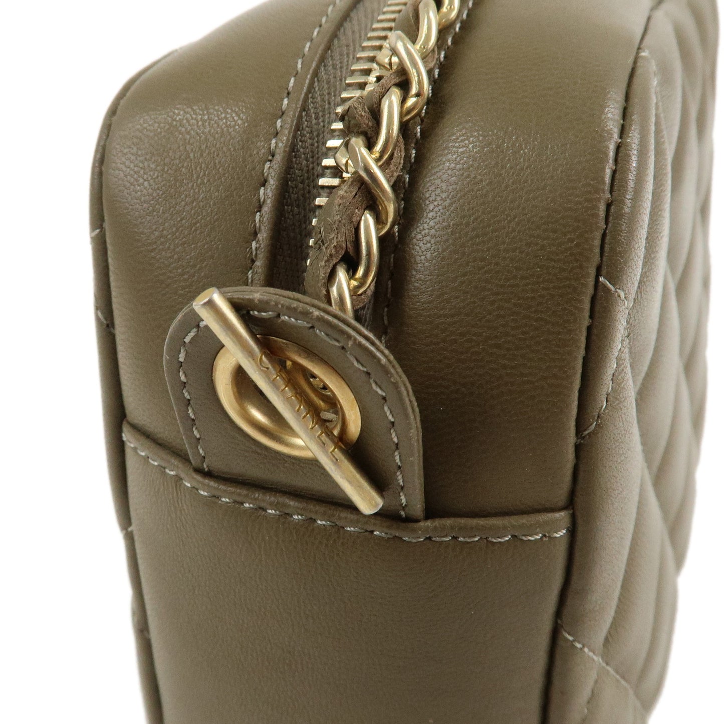 CHANEL Matelasse Lamb Skin Chain Shoulder Bag Khaki Gold