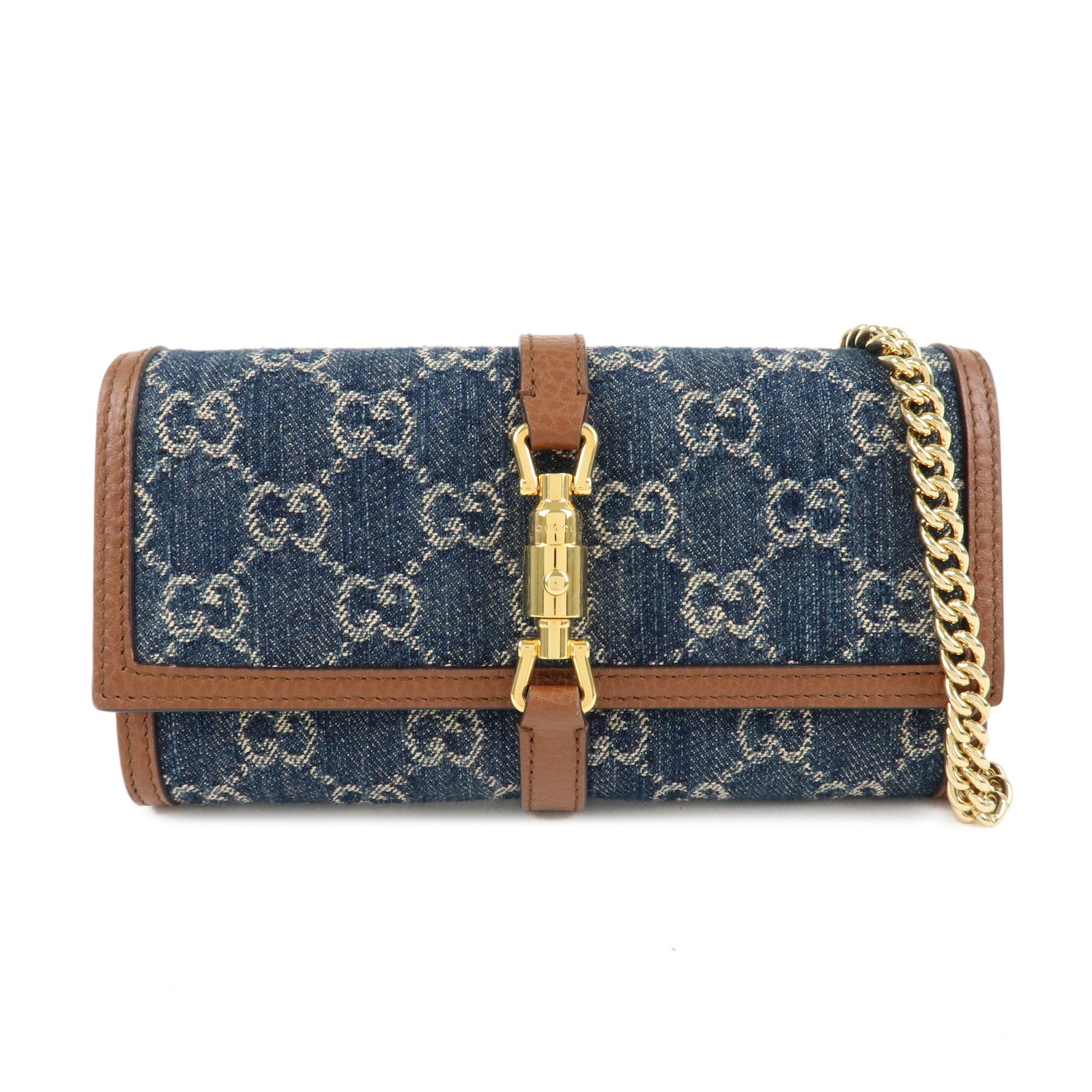 GUCCI-New-Jackie-GG-Denim-Leather-Chain-Wallet-Blue-Brown-652681