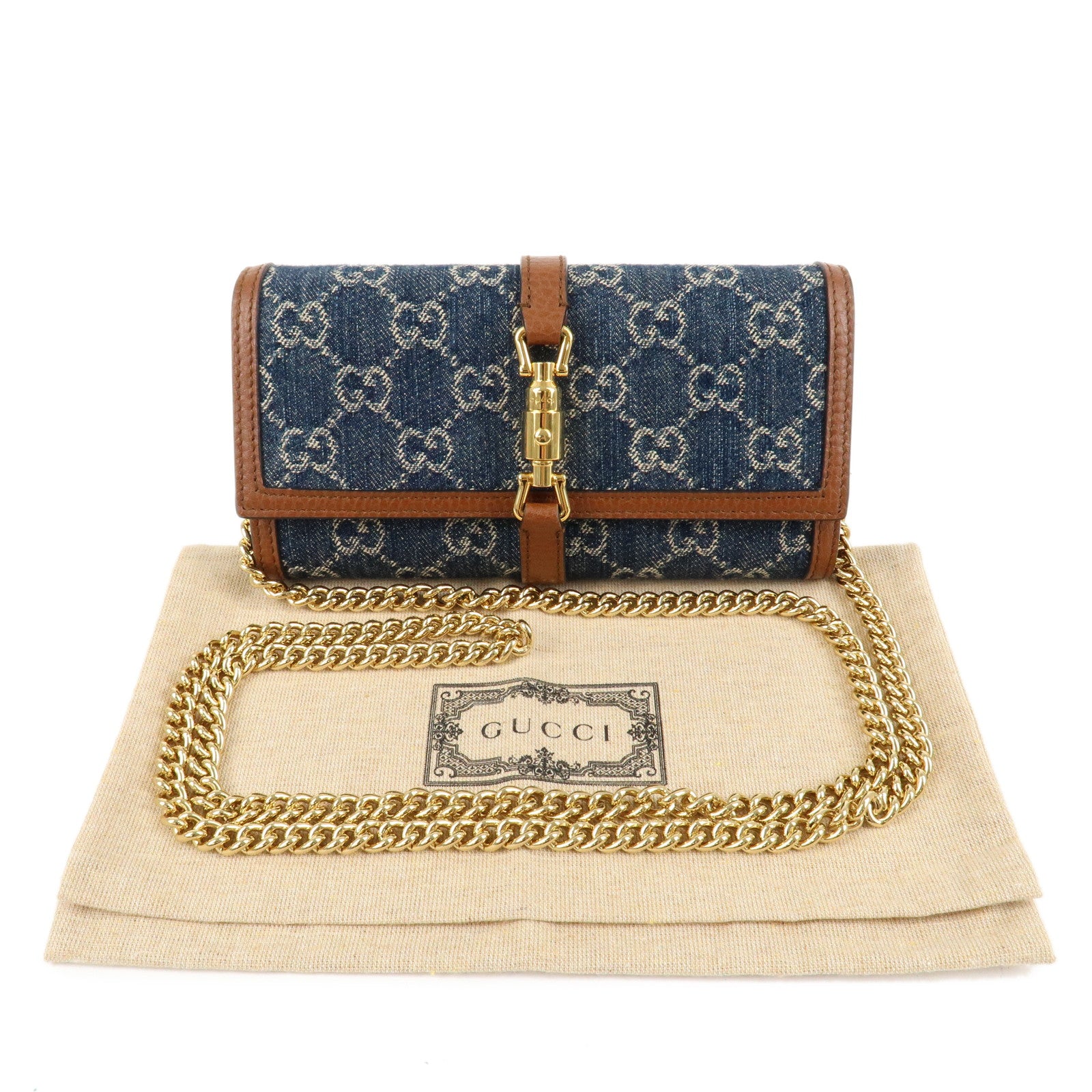 GUCCI New Jackie GG Denim Leather Chain Wallet Blue Brown 652681