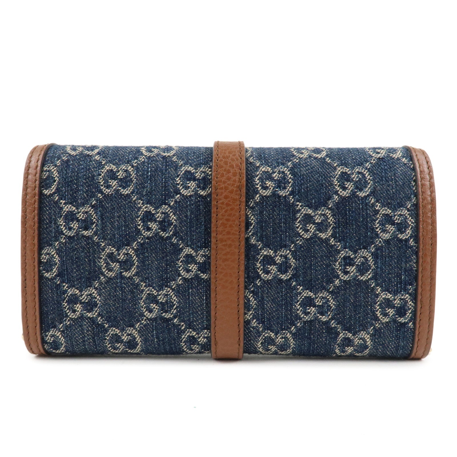 GUCCI New Jackie GG Denim Leather Chain Wallet Blue Brown 652681 Used