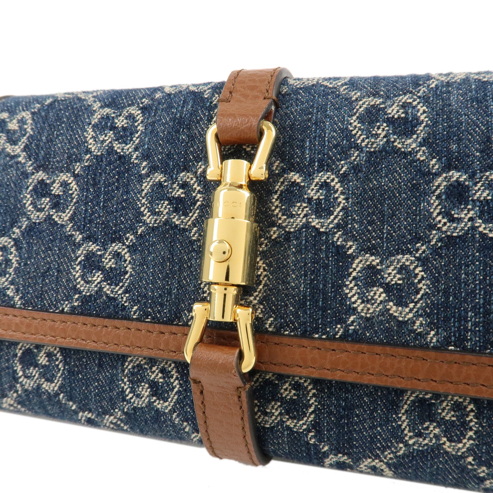 GUCCI New Jackie GG Denim Leather Chain Wallet Blue Brown 652681