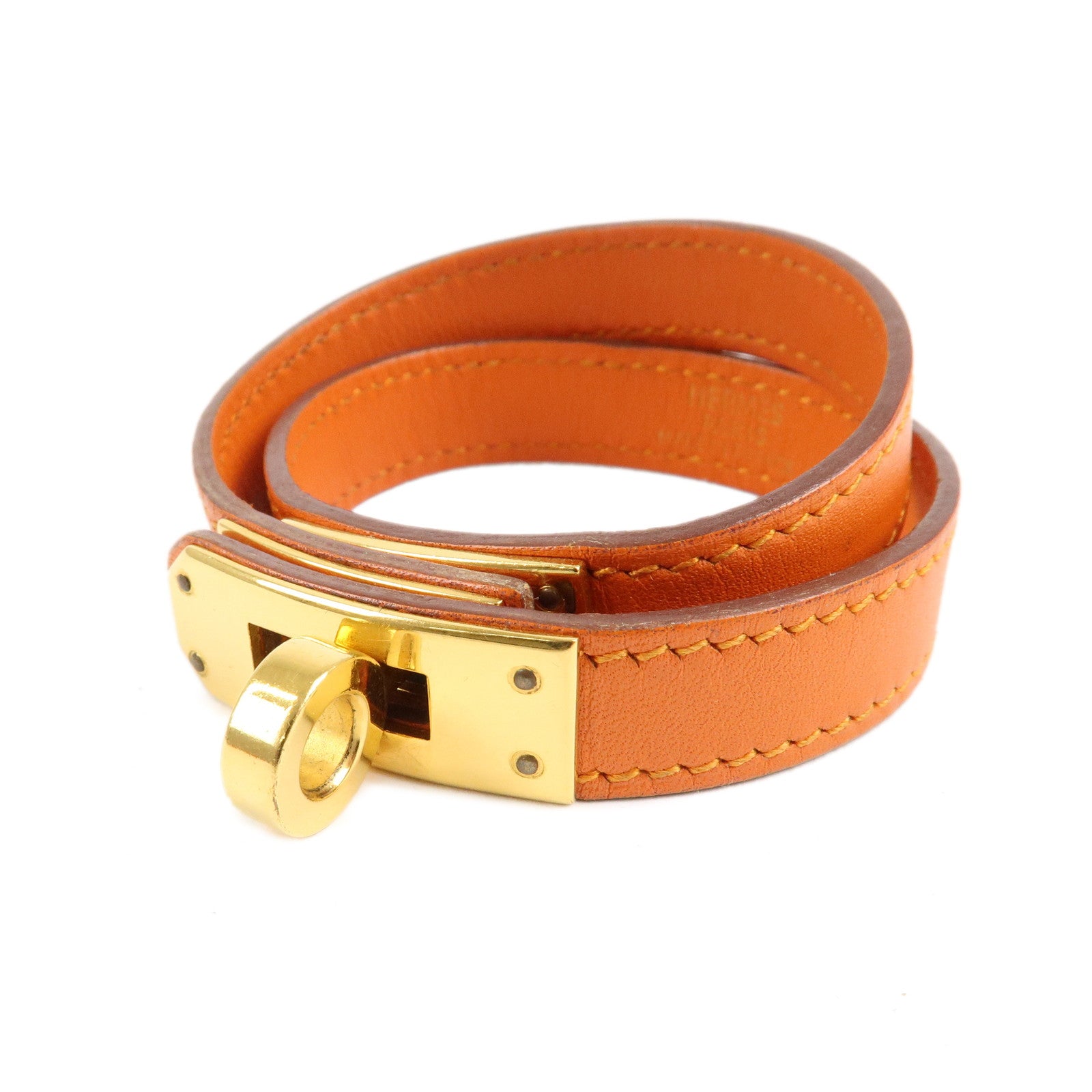 HERMES-Leather-Metal-Kelly-Bracelet-Double-Tour-G-Stamp-Orange