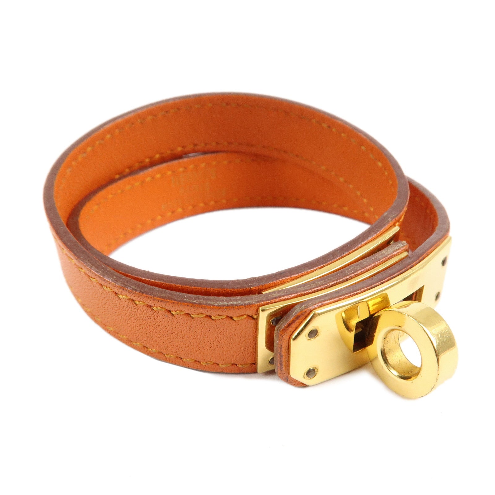 HERMES Leather Metal Kelly Bracelet Double Tour G Stamp Orange Used