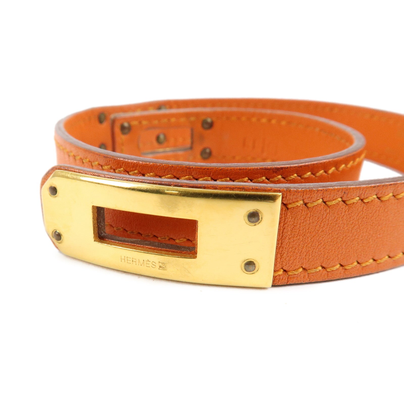 HERMES Leather Metal Kelly Bracelet Double Tour G Stamp Orange