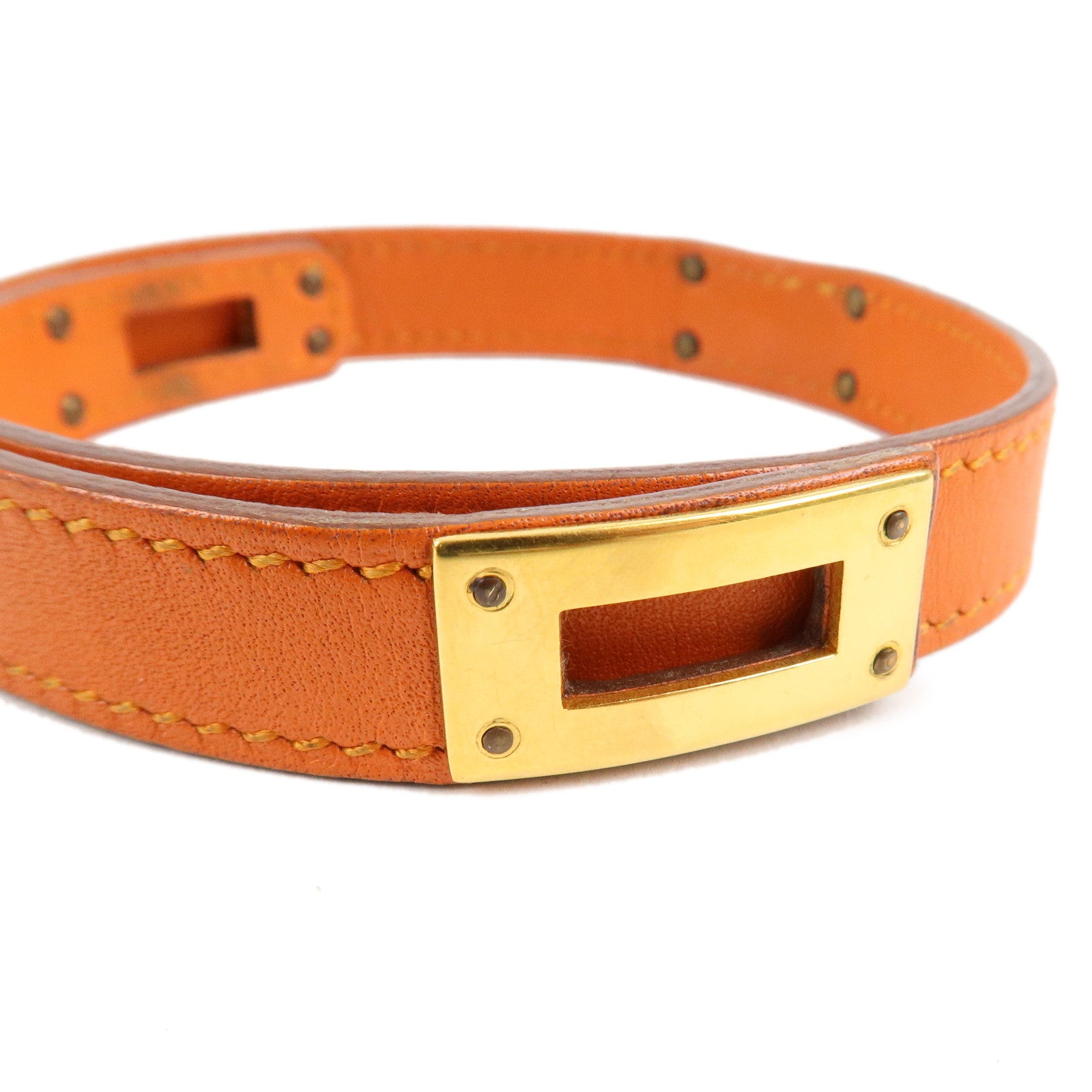 HERMES Leather Metal Kelly Bracelet Double Tour G Stamp Orange