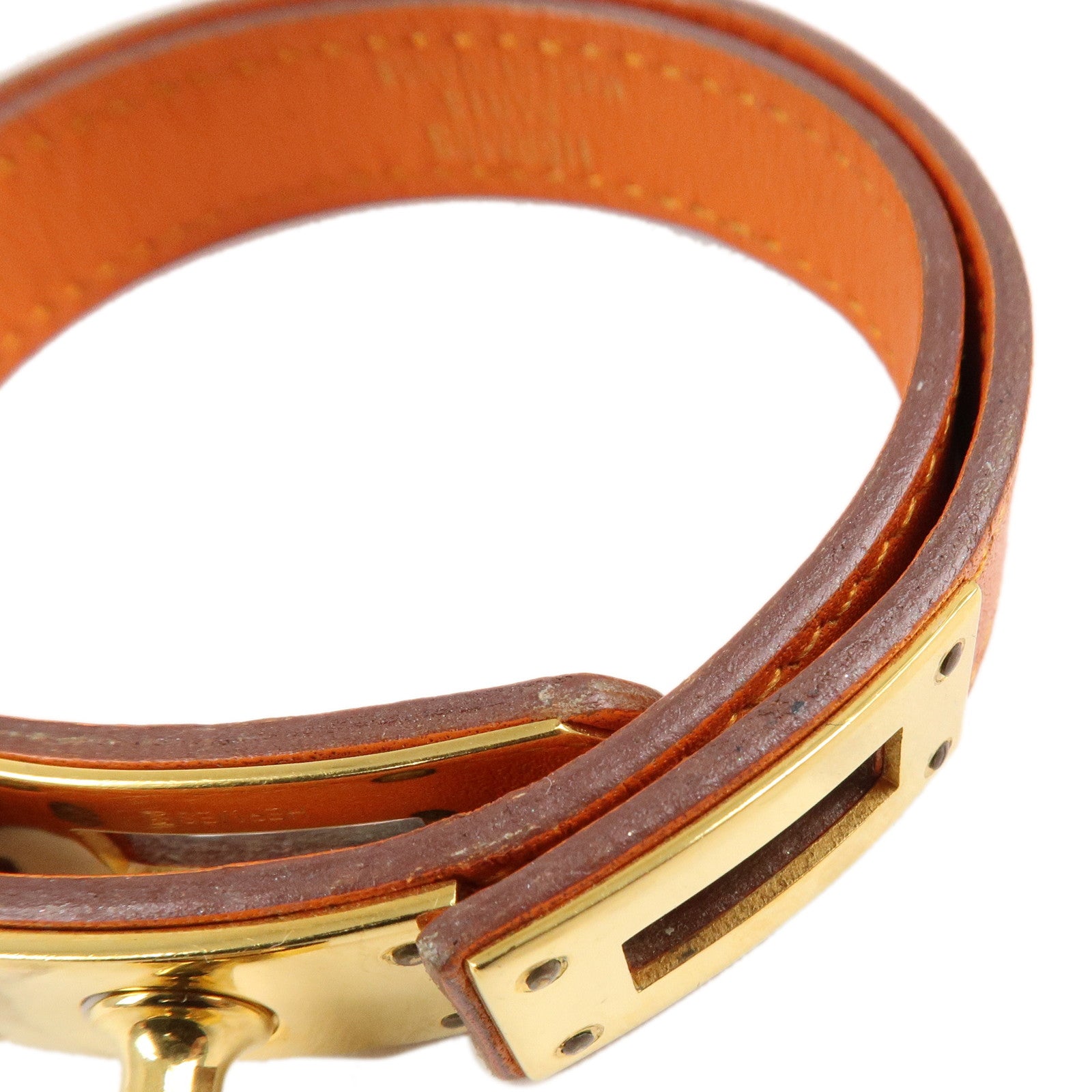 HERMES Leather Metal Kelly Bracelet Double Tour G Stamp Orange