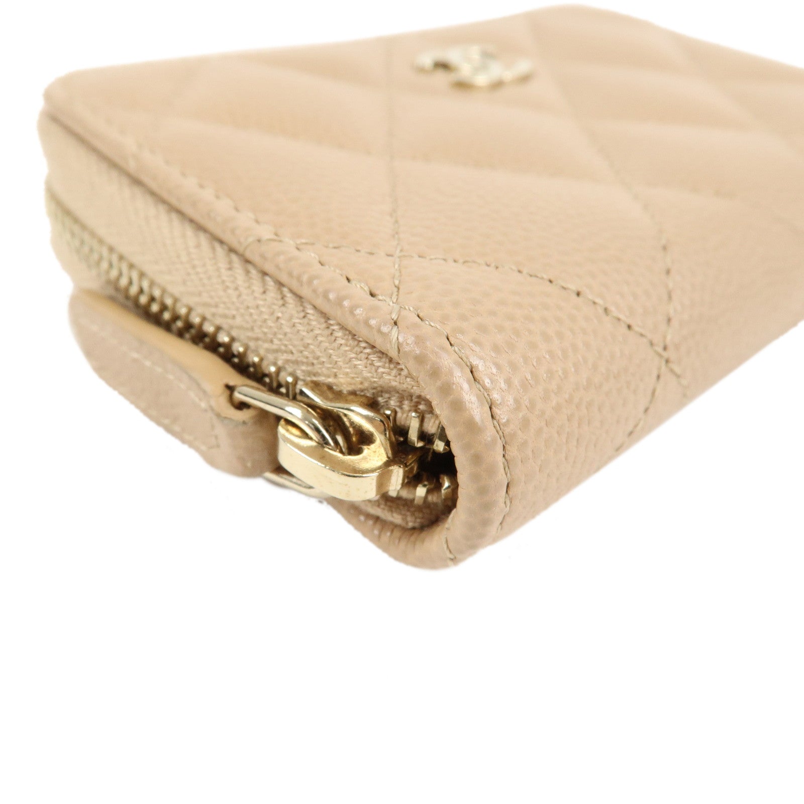 CHANEL Matelasse Caviar Skin Round Zipper Coin Case Beige AP0216