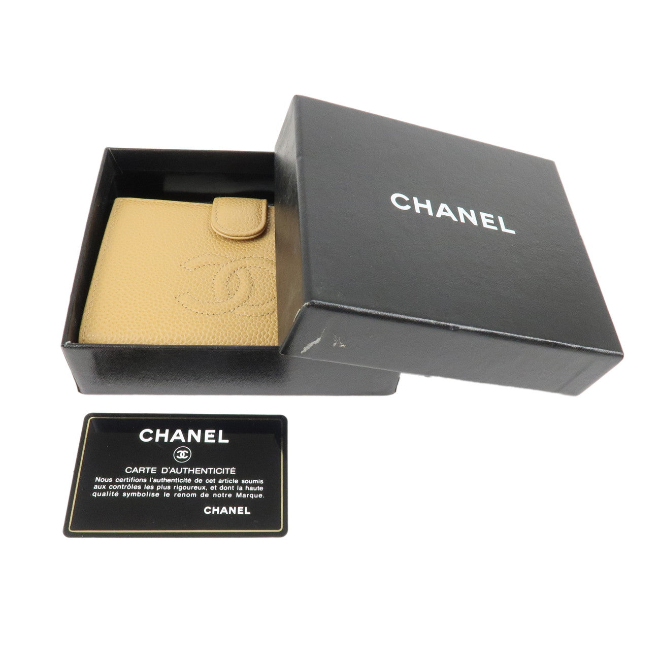 CHANEL Caviar Skin COCO Mark Bi-fold Small Wallet BeigeA13497