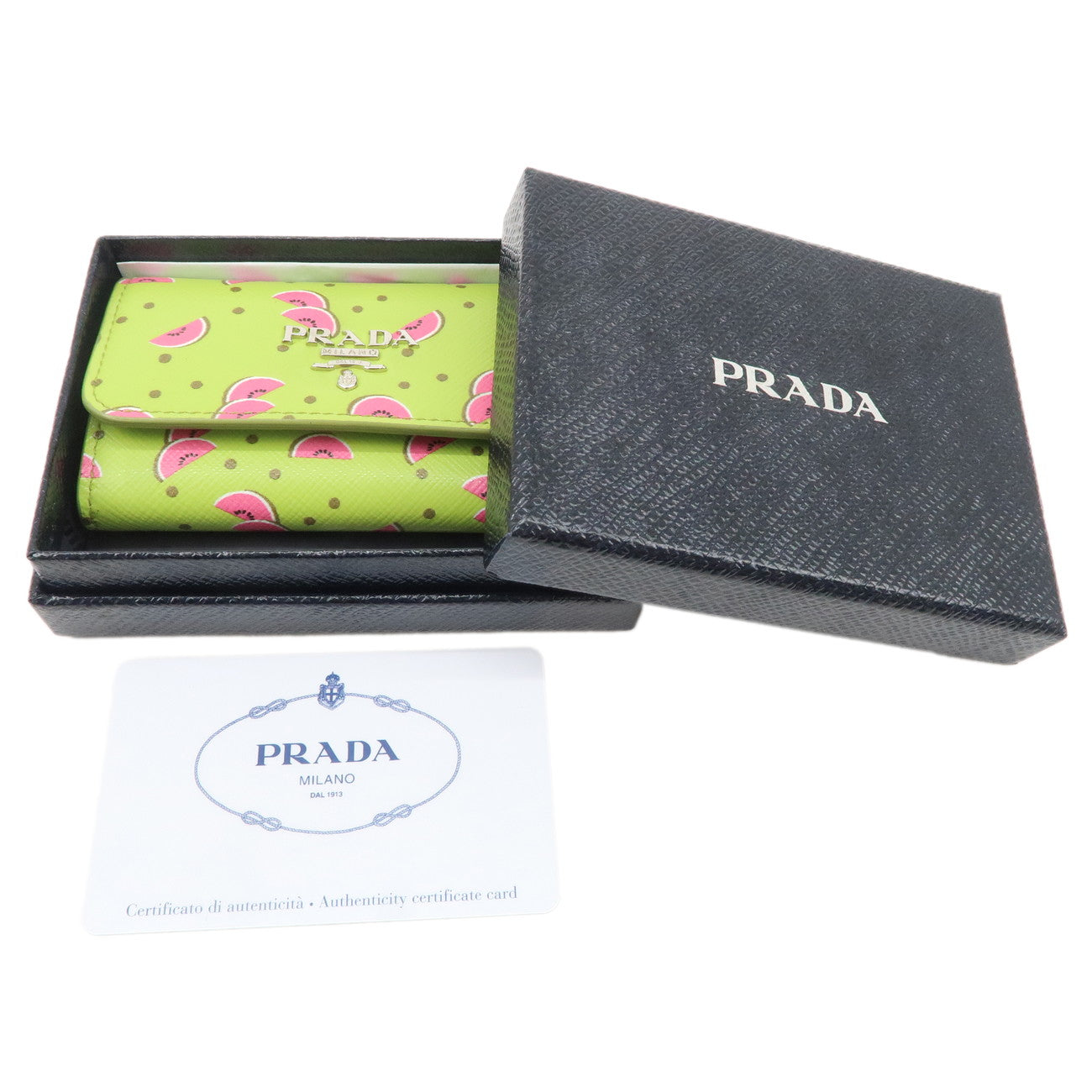 PRADA Leather 6 Key Case Key Holder Watermelon Print Green 1PG222