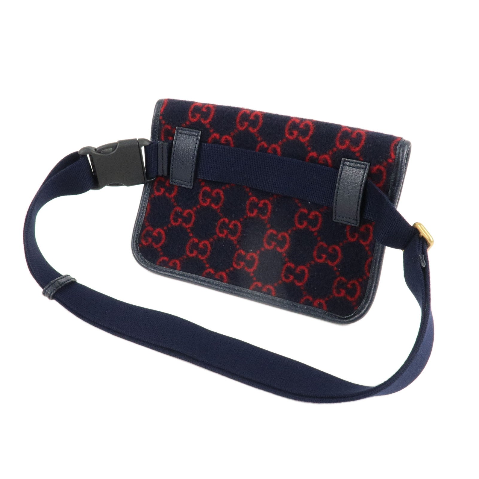 GUCCI Gucci GG Wool Leather Waist Bag Navy Red 598181