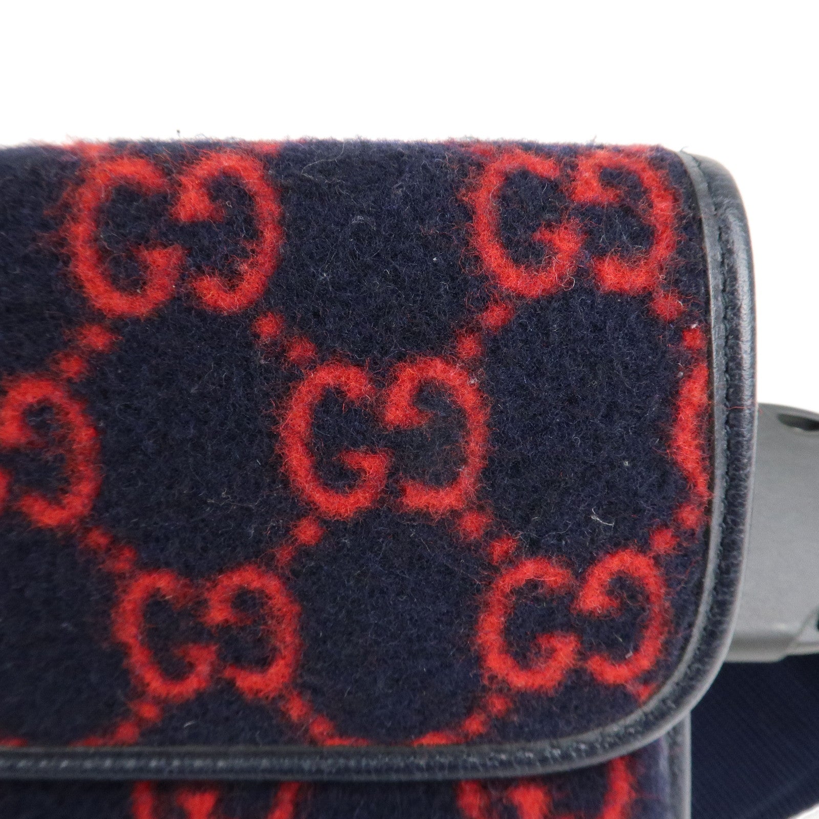 GUCCI Gucci GG Wool Leather Waist Bag Navy Red 598181