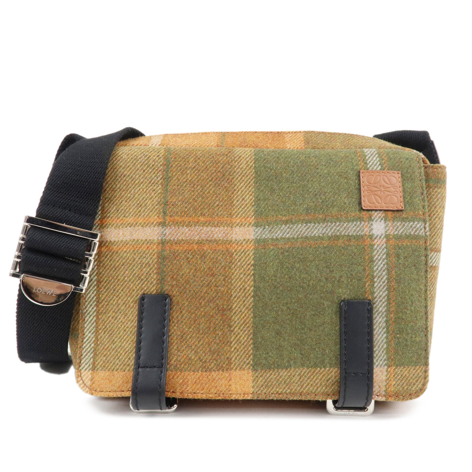 LOEWE-Anagram-Wool-Leather-Military-Messenger-Bag-XS-Orange-Khaki