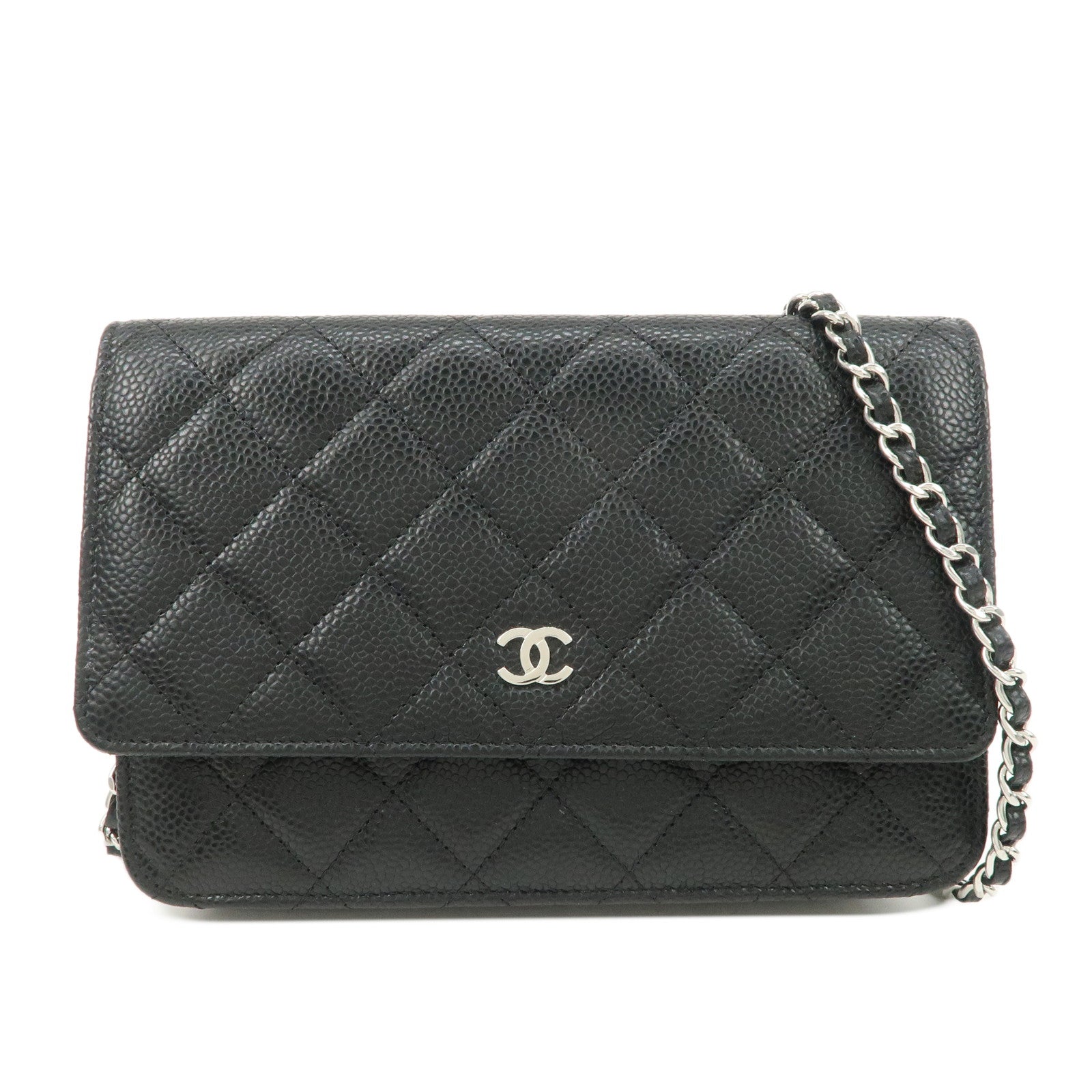 CHANEL-Caviar-Skin-Chain-Wallet-Purse-Black-Silver-AP0250