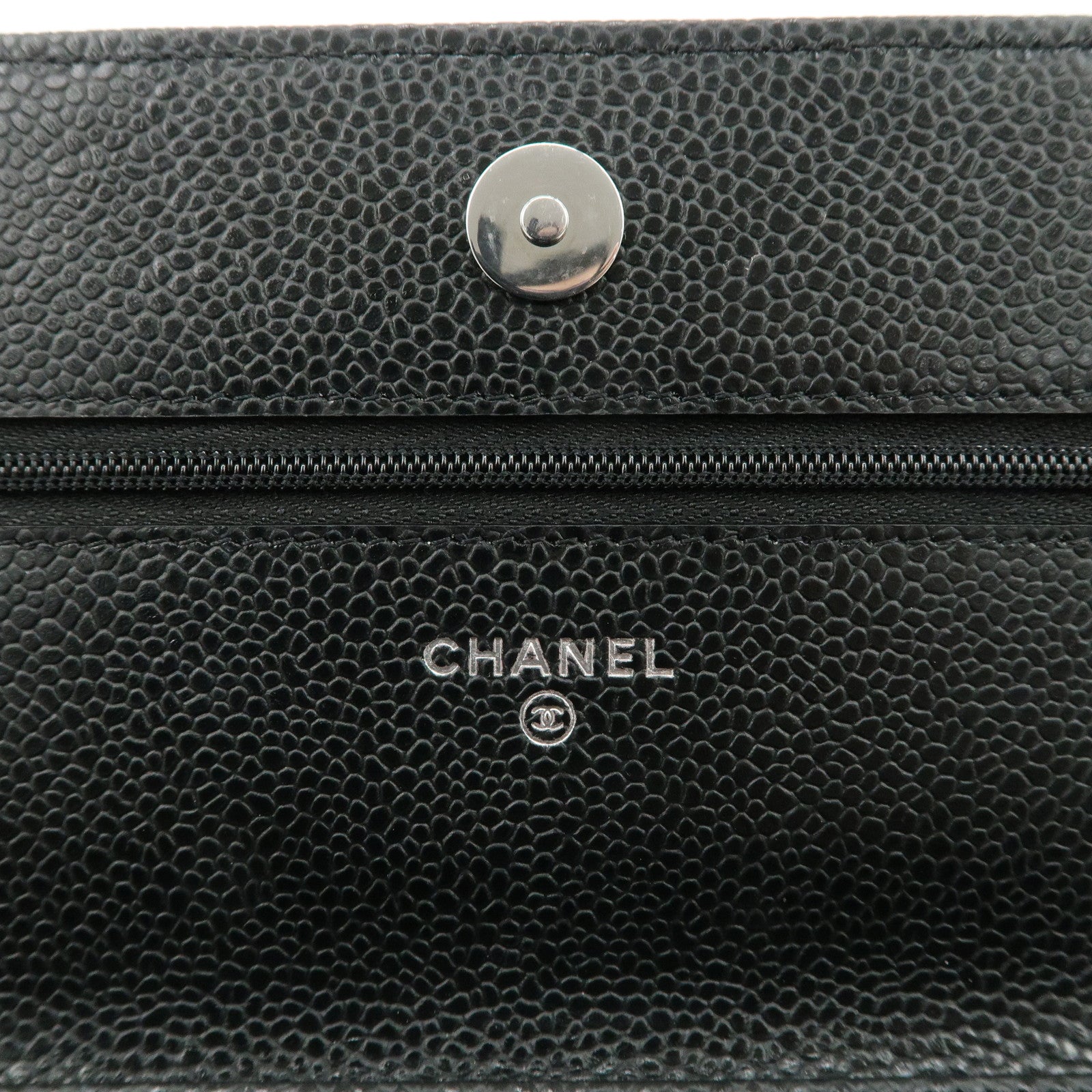 CHANEL Caviar Skin Chain Wallet Purse Black Silver AP0250