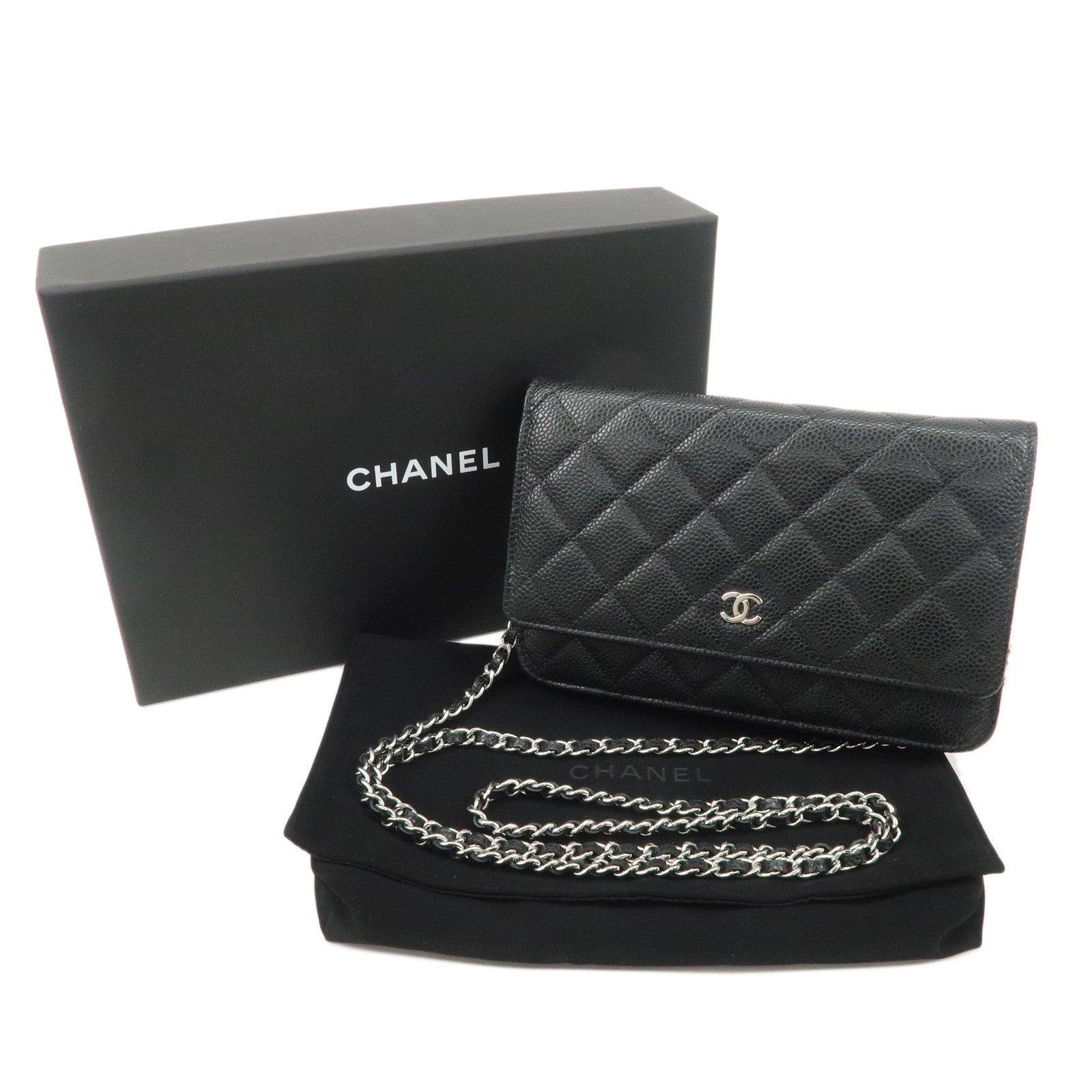 CHANEL Caviar Skin Chain Wallet Purse Black Silver AP0250