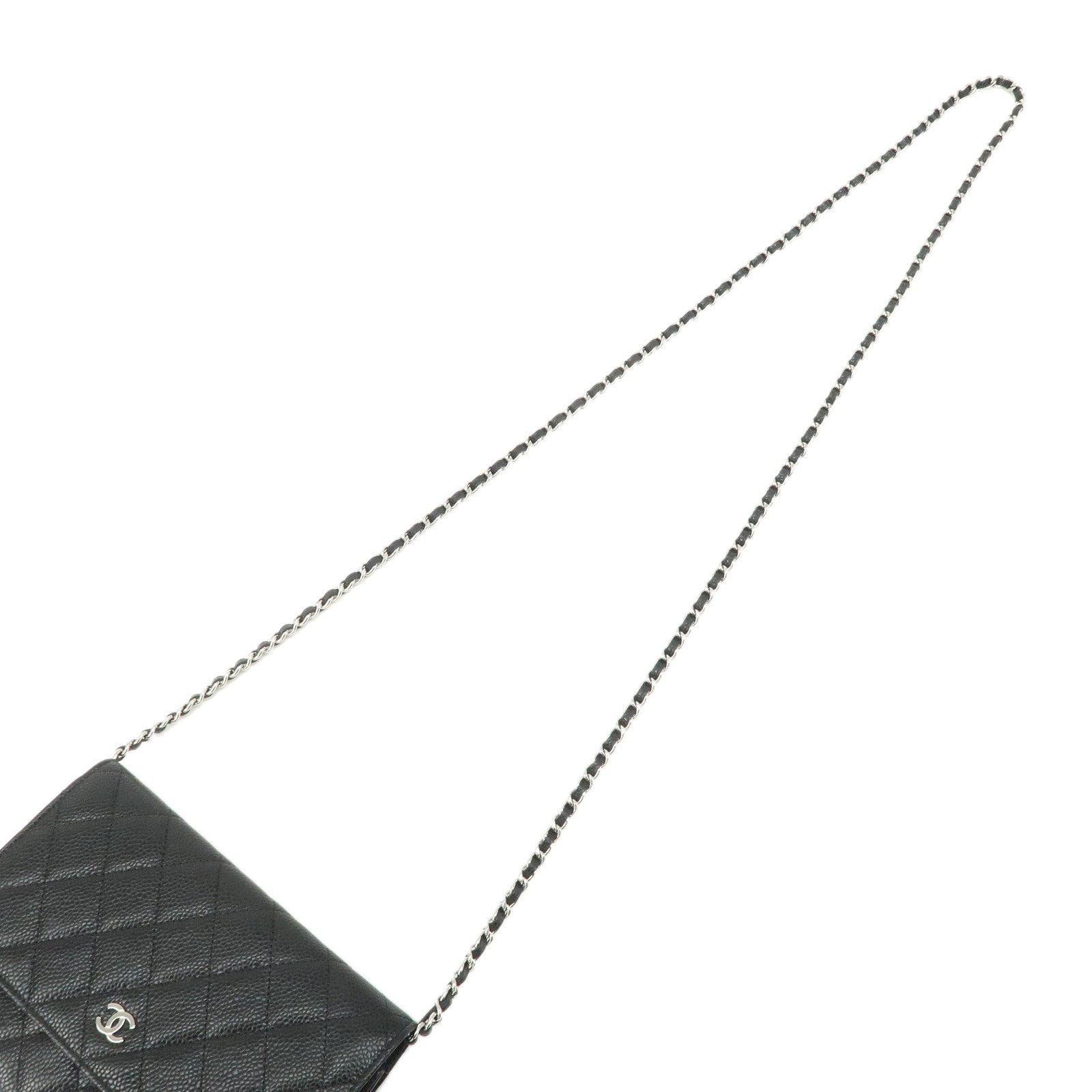 CHANEL Caviar Skin Chain Wallet Purse Black Silver AP0250