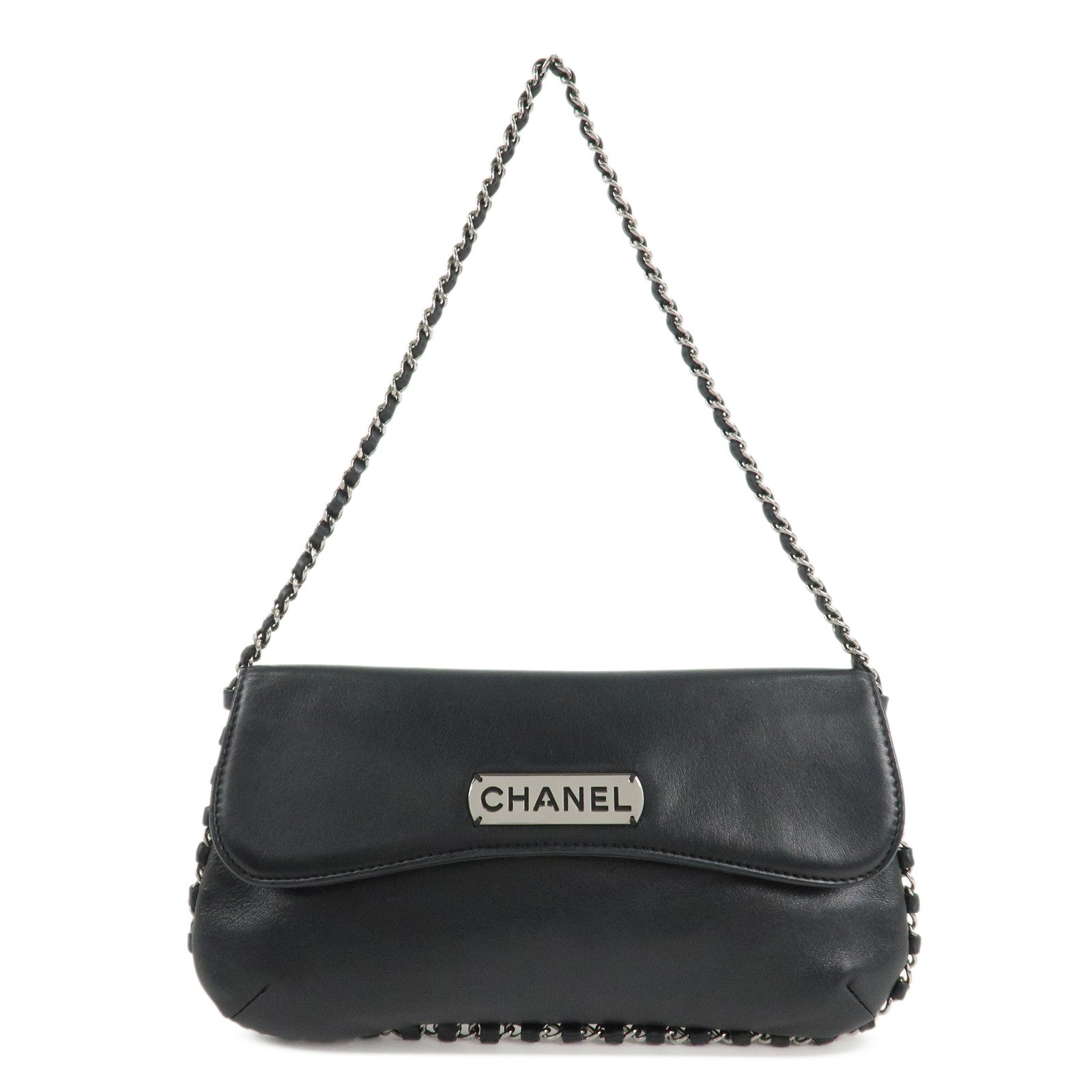 CHANEL-Logo-Lamb-Skin-Chain-Shoulder-Bag-Black-Silver-HDW