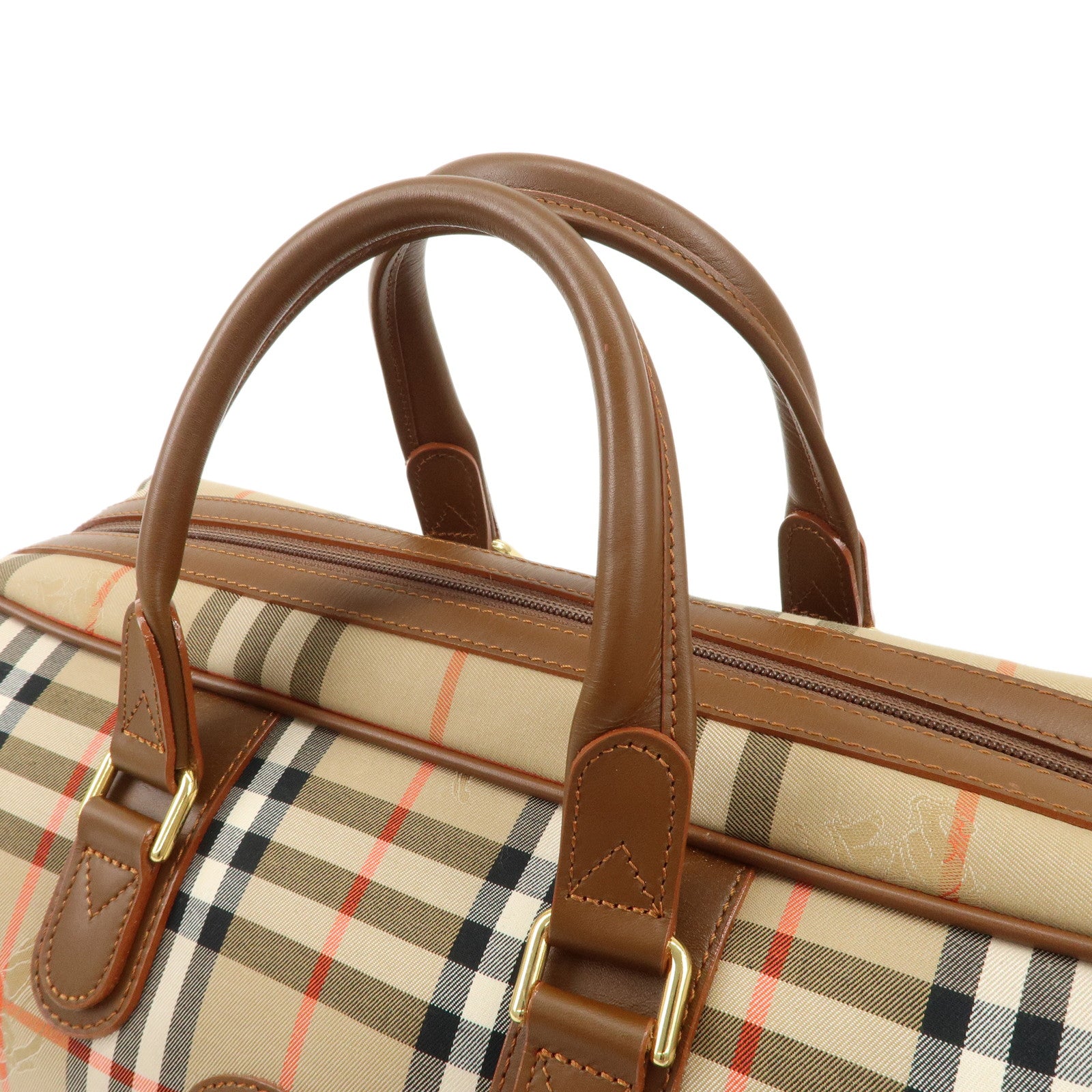 BURBERRY Canvas Leather Nova Plaid Boston Bag Hand Bag Brown