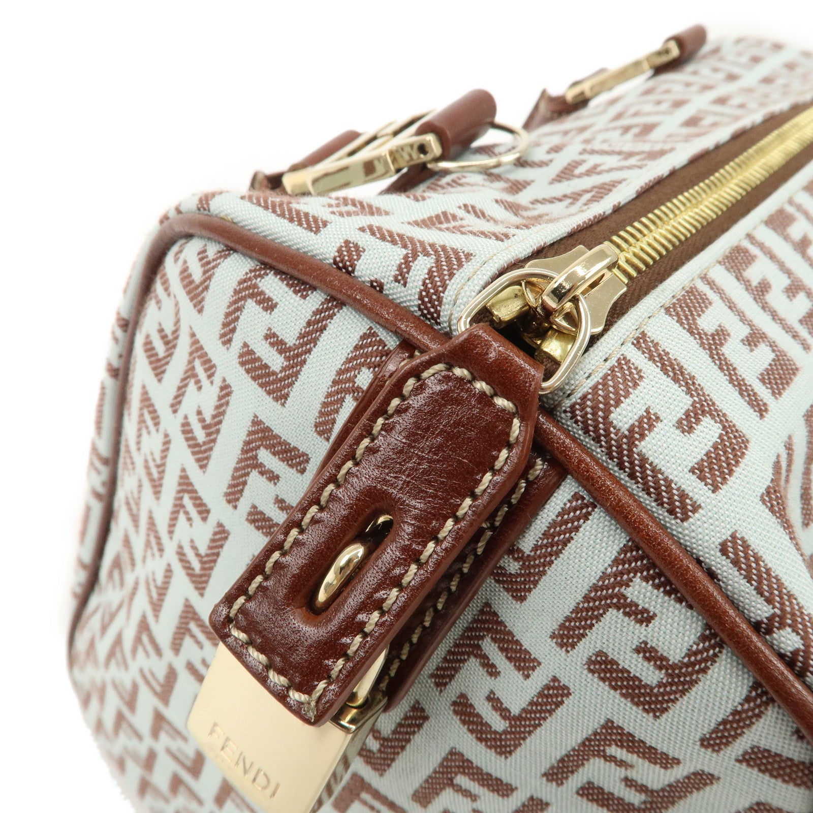 FENDI Zucchino Canvas Leather Mini Boston Bag Brown Blue 8BL068 Used