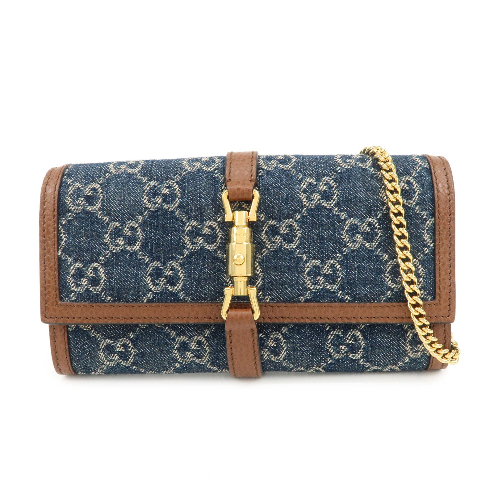 GUCCI New Jackie 1961 GG Denim Leather Chain Wallet WOC 652681 Used