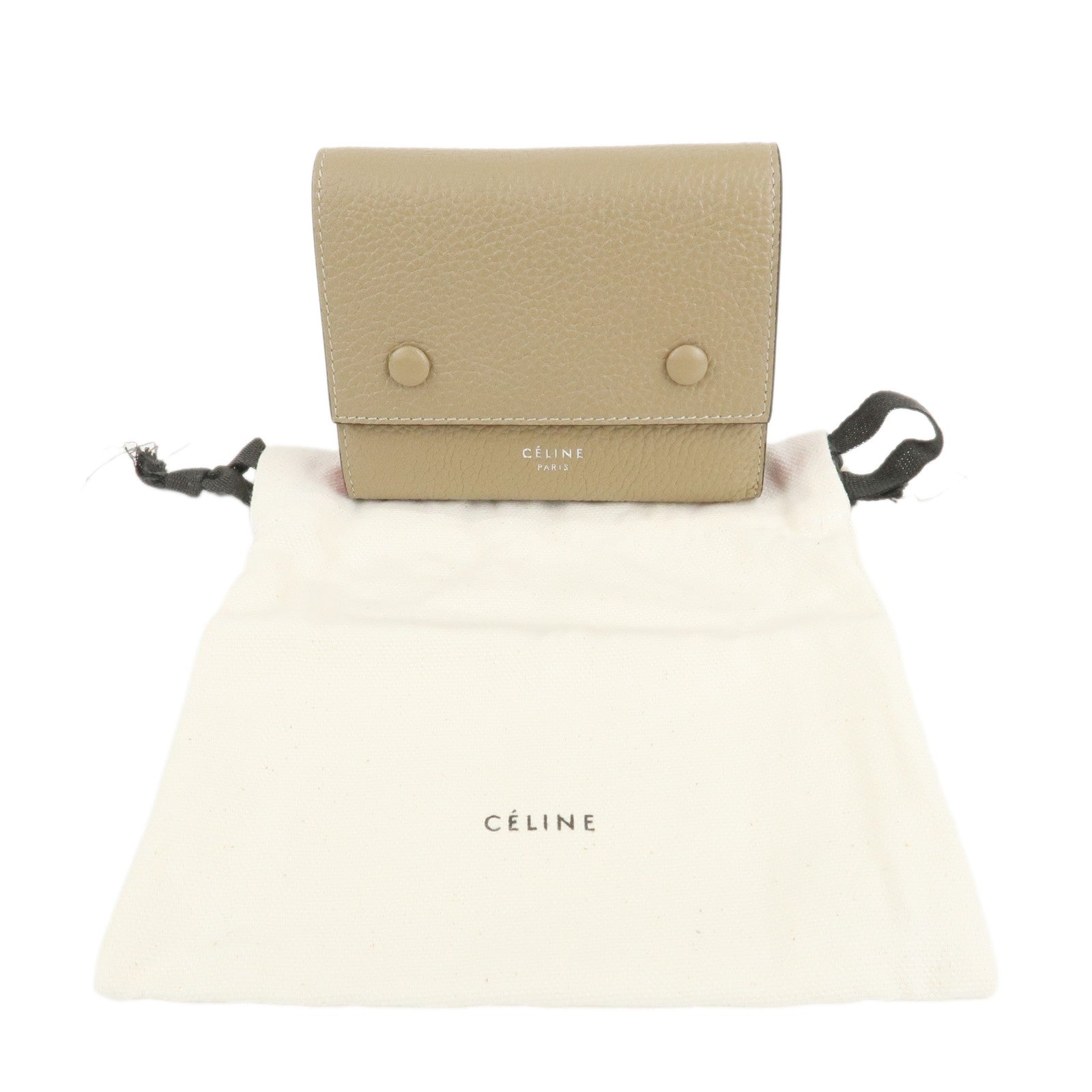 CELINE Leather Small Folded Multifunction Wallet Beige Used