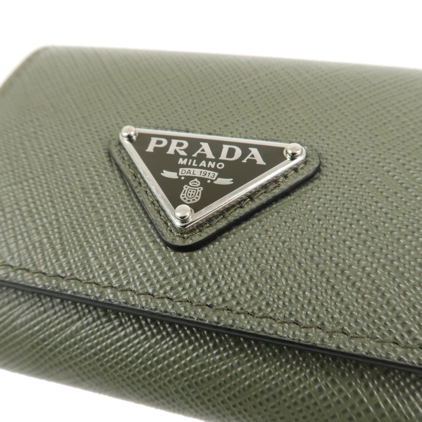 PRADA Triangle Logo Leather Compact Wallet Khaki 2MH042 Used