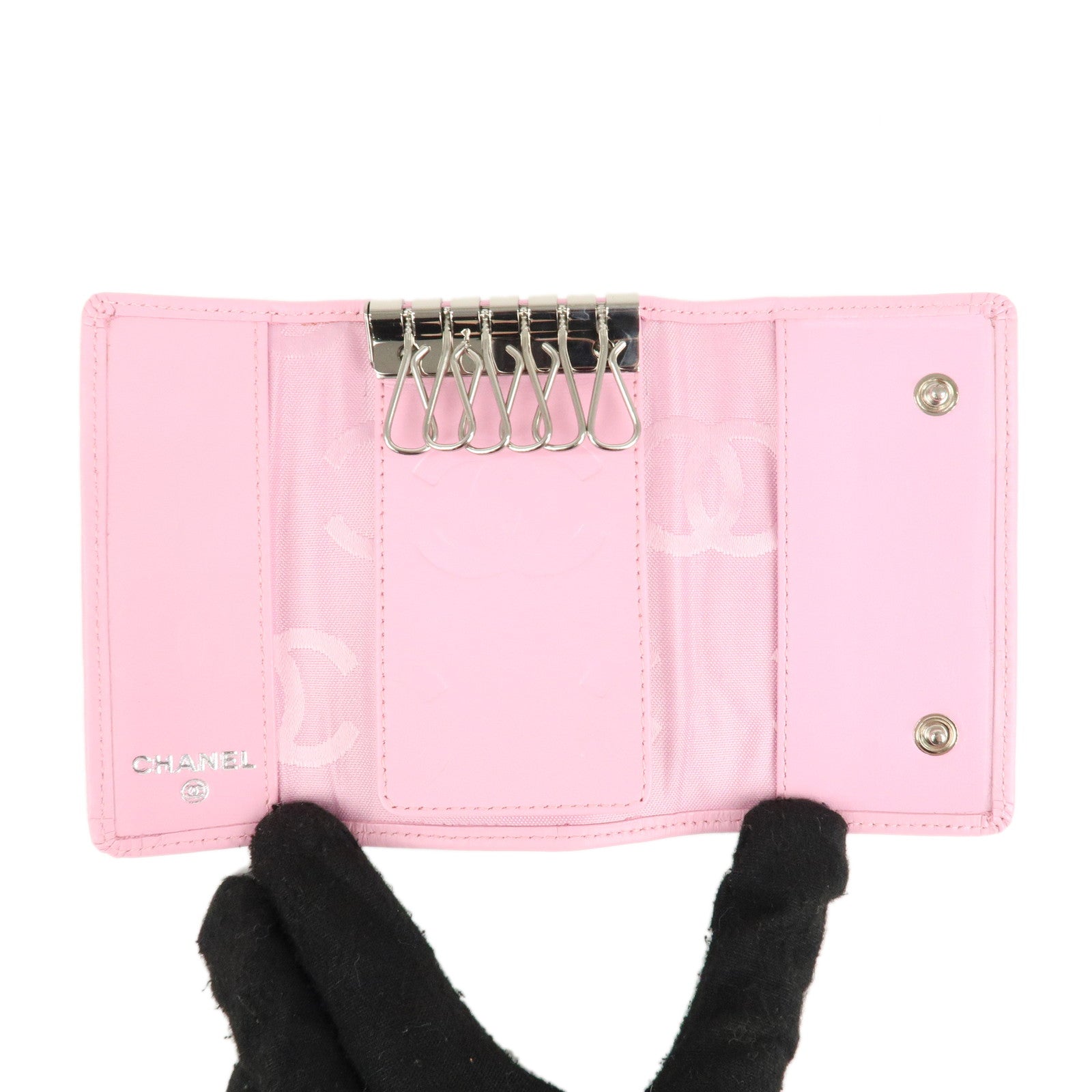 CHANEL Cambon Line Lamb Skin 6 Ring Key Case Pink Black A26723 Used