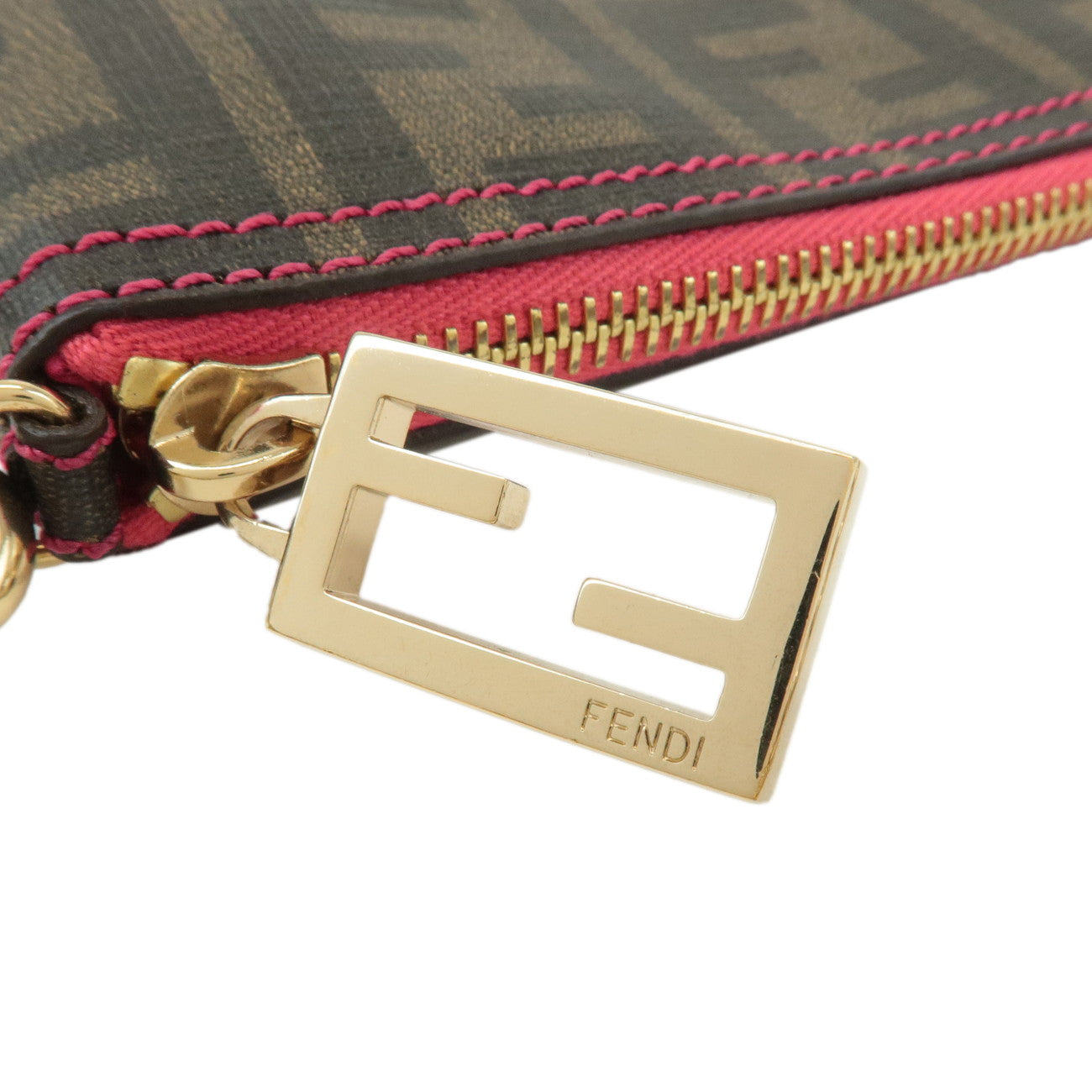 FENDI Zucca PVC Accessory Chain Pouch Brown Black Pink 8BR592 Used