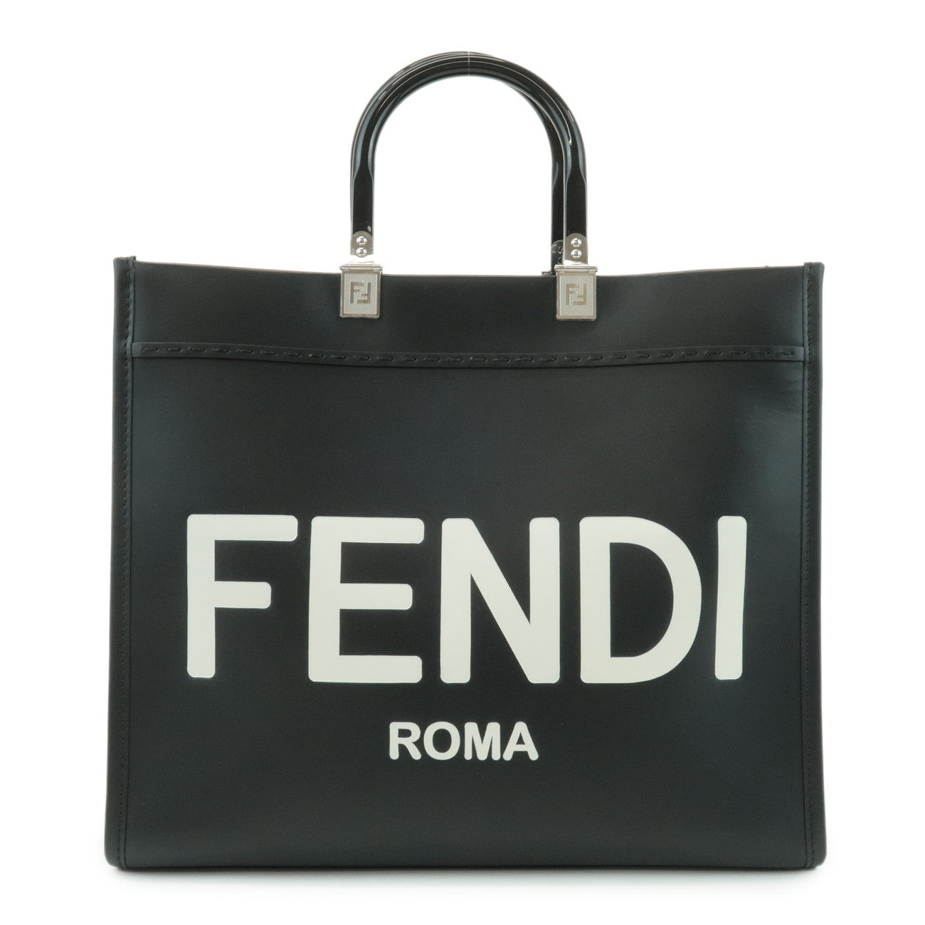 FENDI-Leather-Sunshine-Medium-2Way-Tote-Bag-Hand-Bag-Black-8BH386