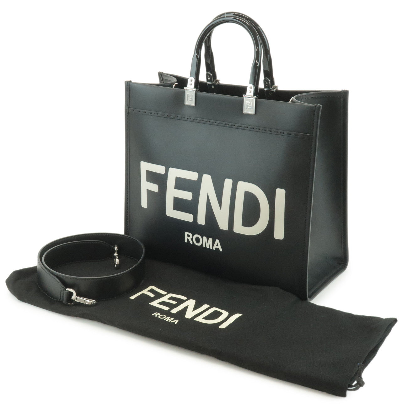 FENDI Leather Sunshine Medium 2Way Tote Bag Hand Bag Black 8BH386 Used