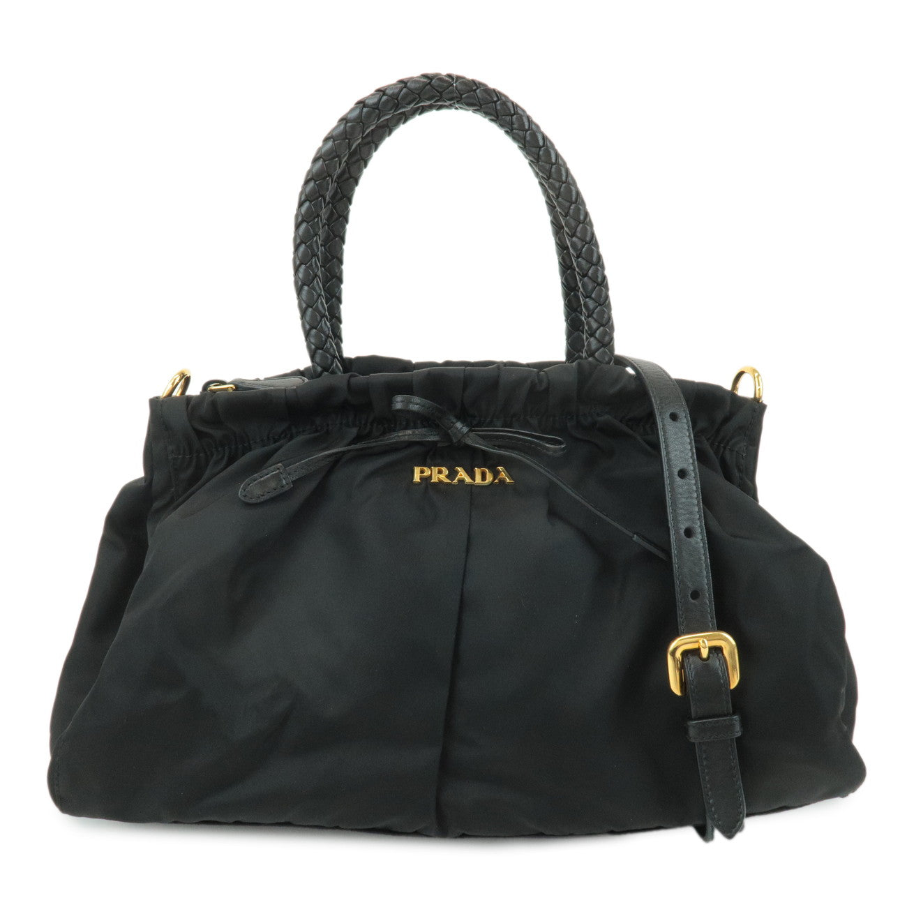 PRADA-Nylon-Leather-Ribbon-2Way-Hand-Bag-Shoulder-Bag-Black-BN1631