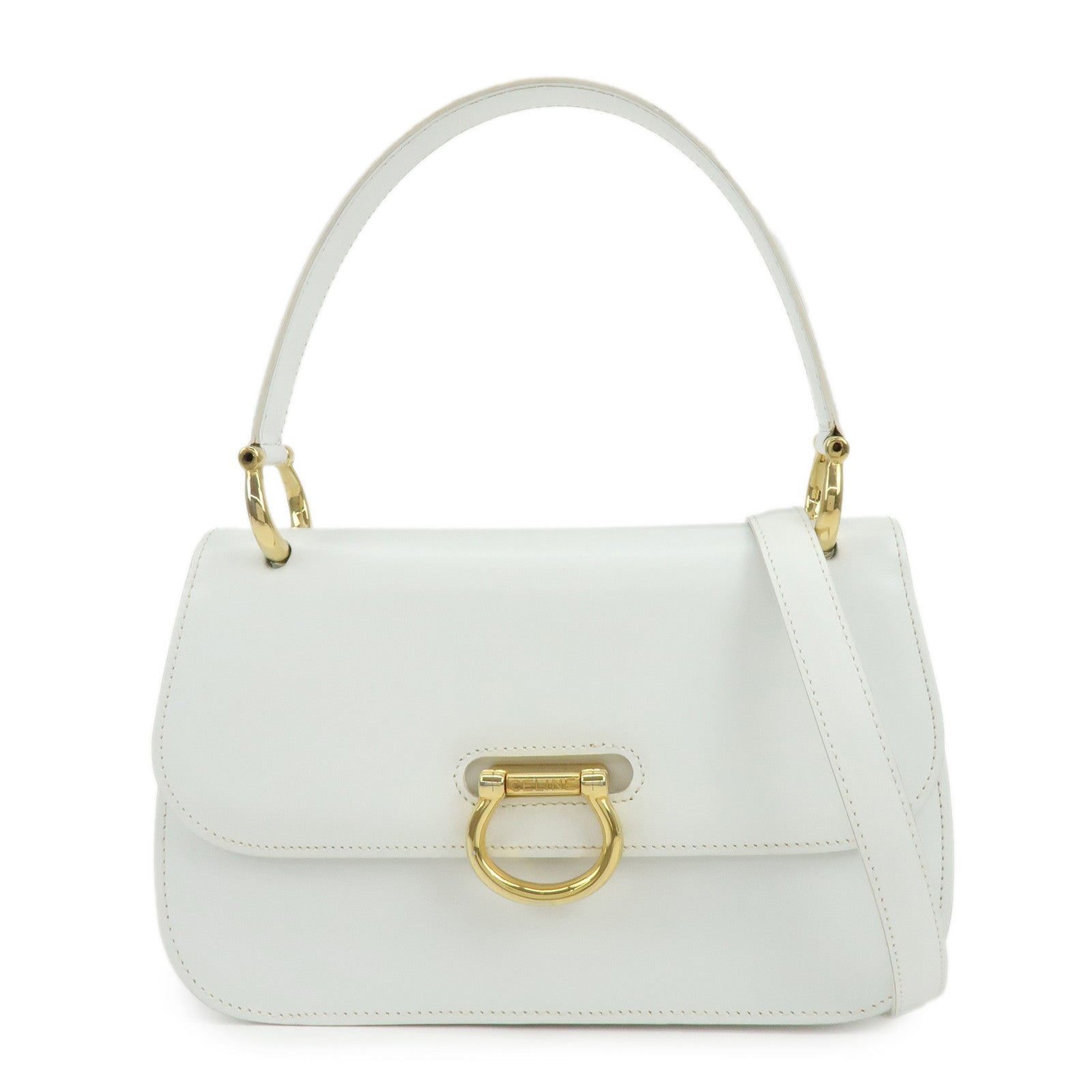 CELINE Leather Top Handle 2Way Bag Hand Bag Shoulder Bag White