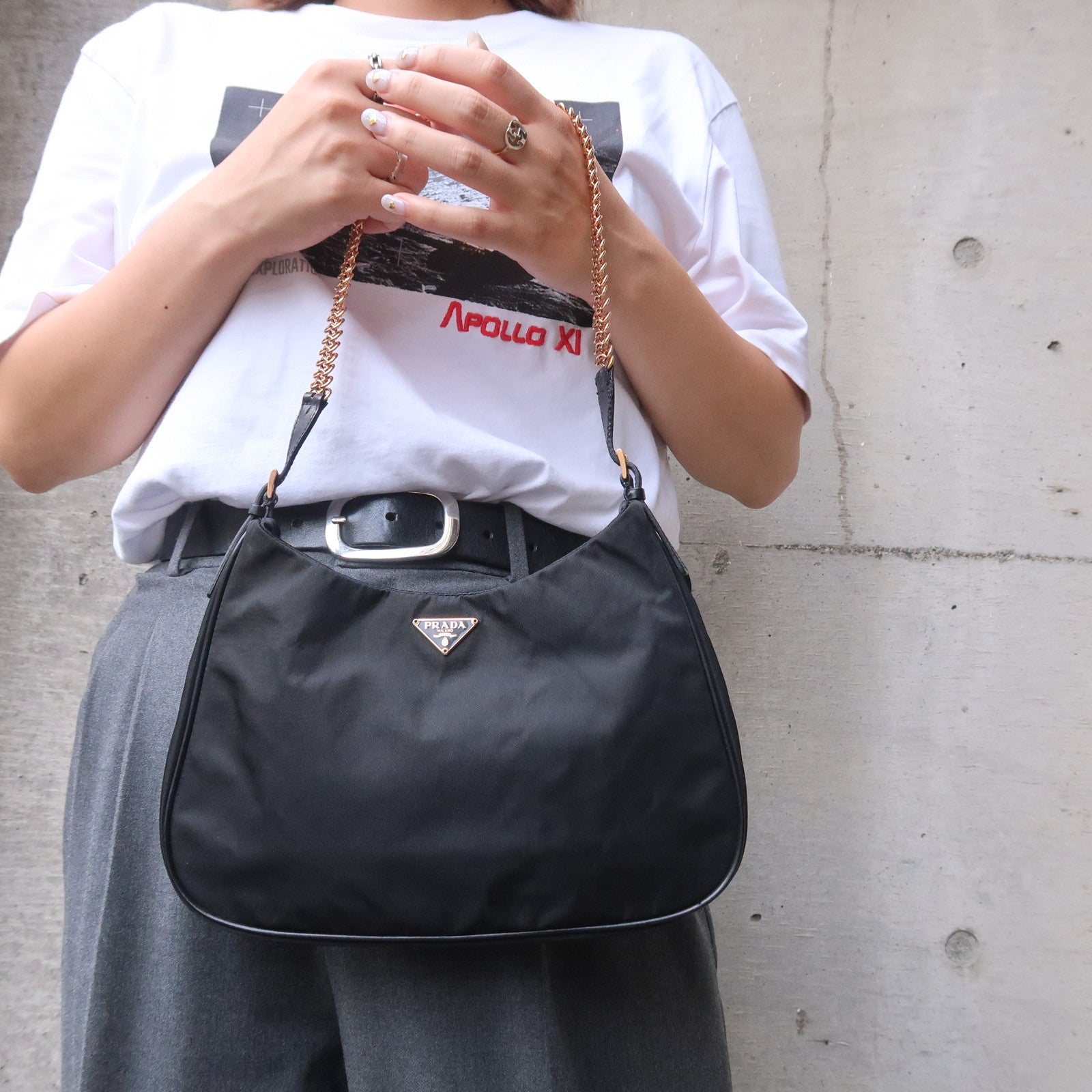 PRADA Nylon & Leather Chain Shoulder Bag Black