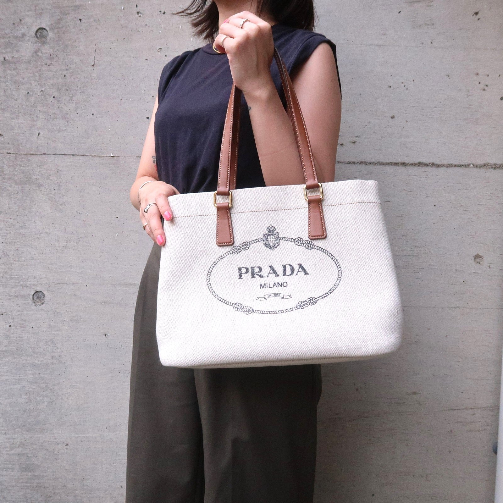 PRADA Logo Canvas Linen Leather Tote Bag Ivory Brown IBG356 dct