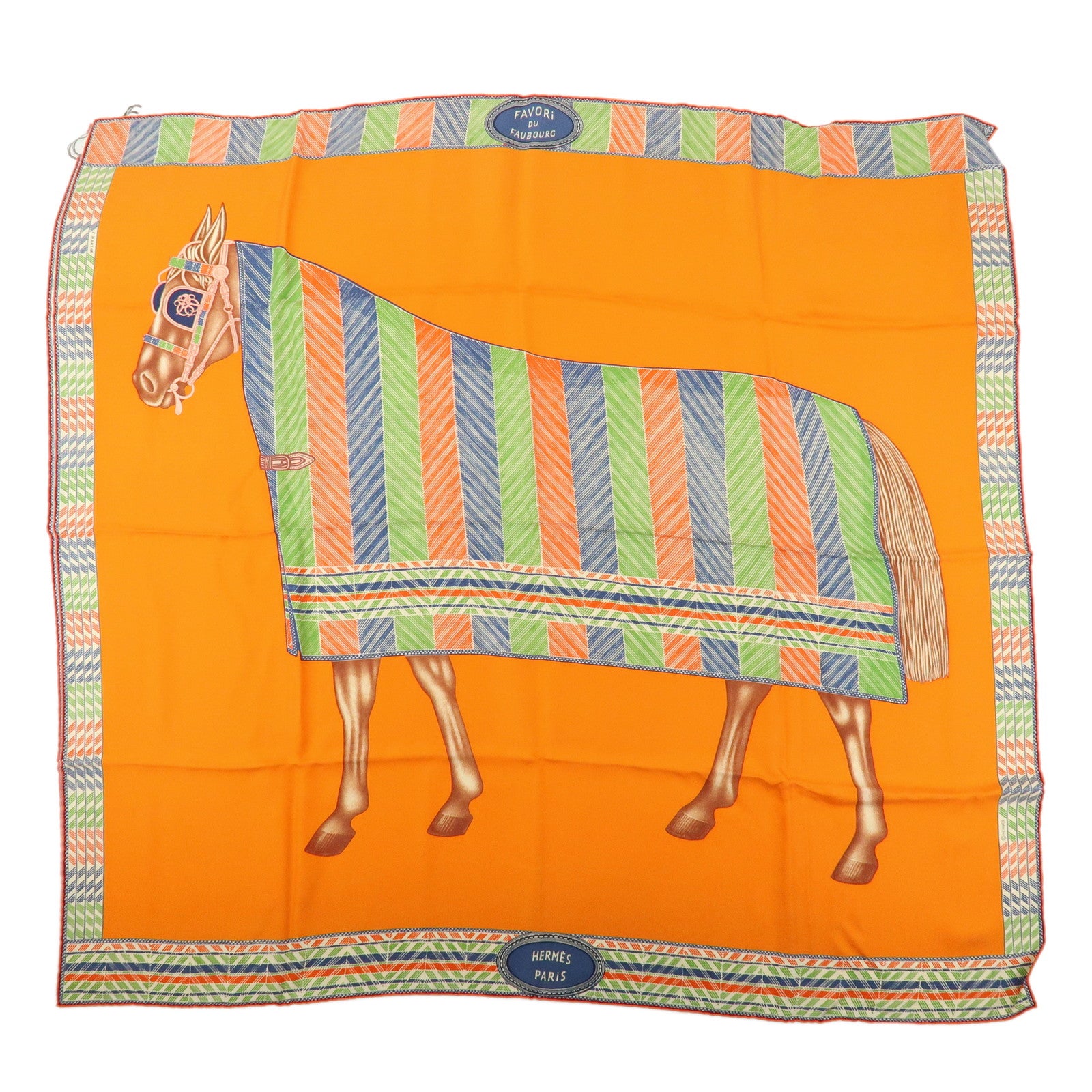 HERMES Carre 90 Silk 100% Scarf Favori du Faubourg Wash Orange Blue