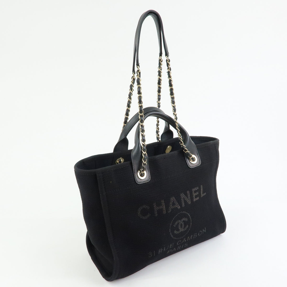 CHANEL Deauville Tote MM 2WAY Hand Bag Shoulder Bag Black A57069