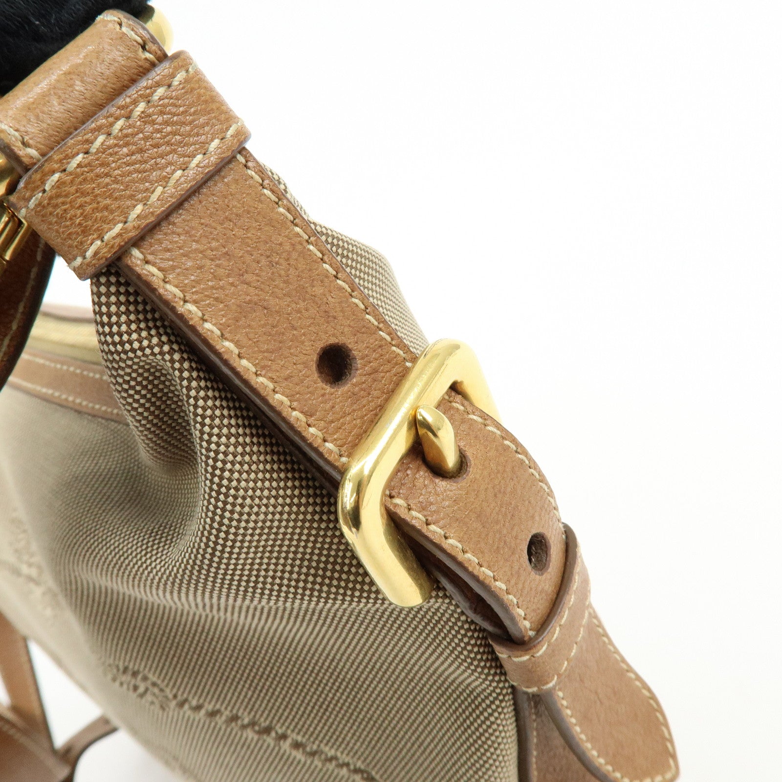 PRADA Logo Jacquard Canvas Leather Shoulder Bag Crossbody Bag Brown